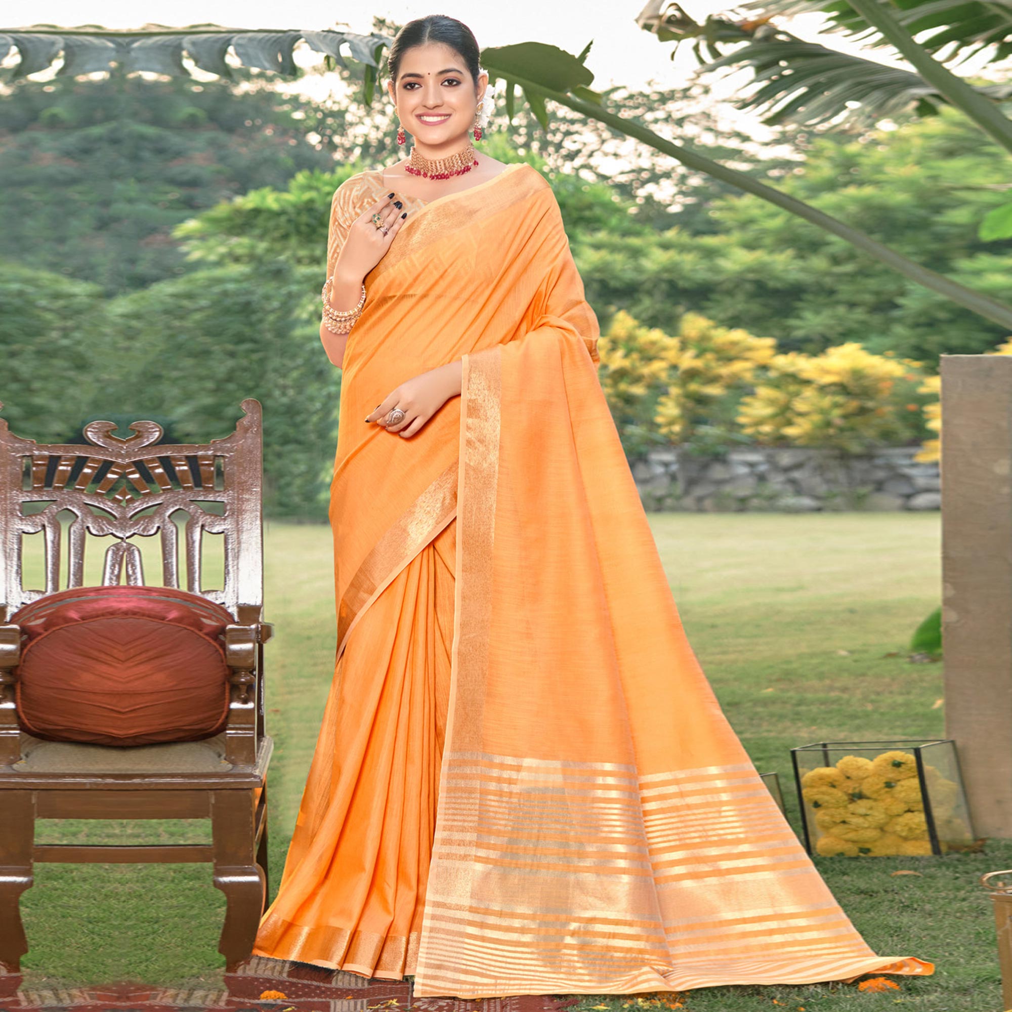 Women  Printed Pure_Cotton Ethnic Orange Saree