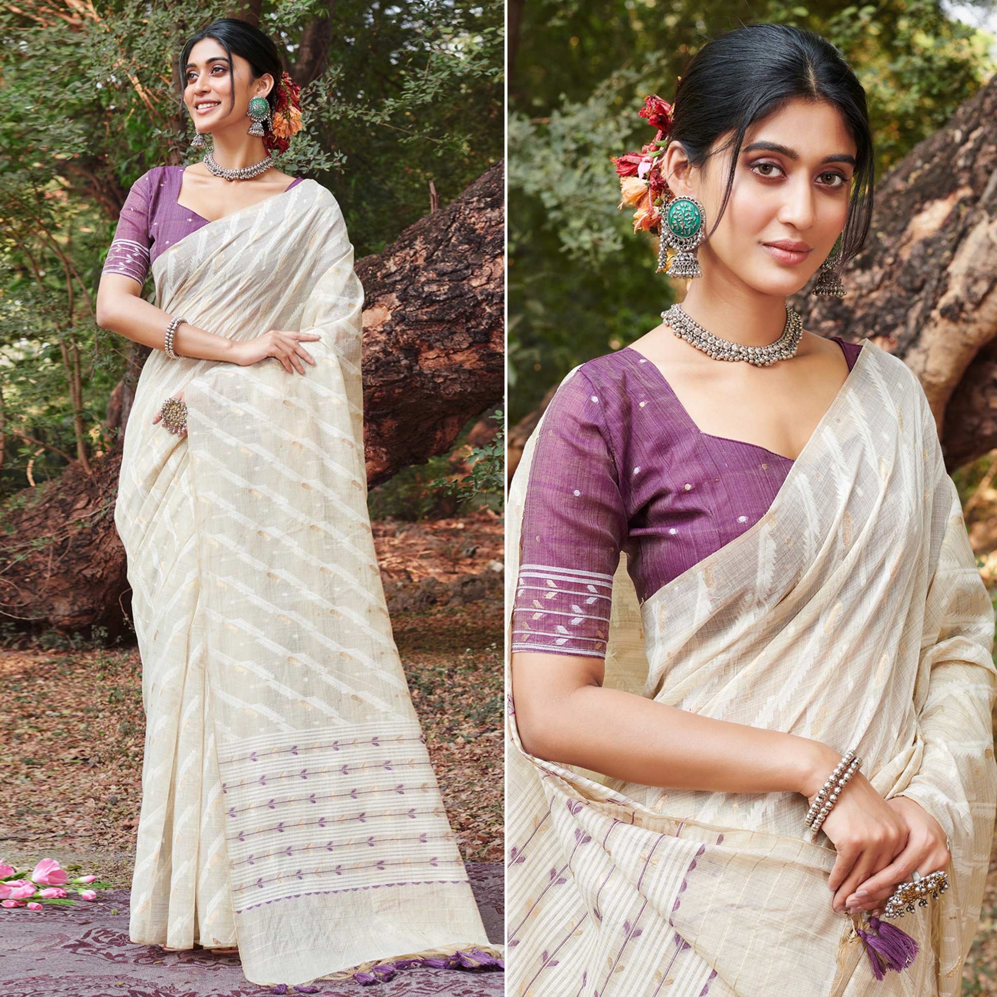 Off White & Purple Woven Cotton Silk Saree With Tassels