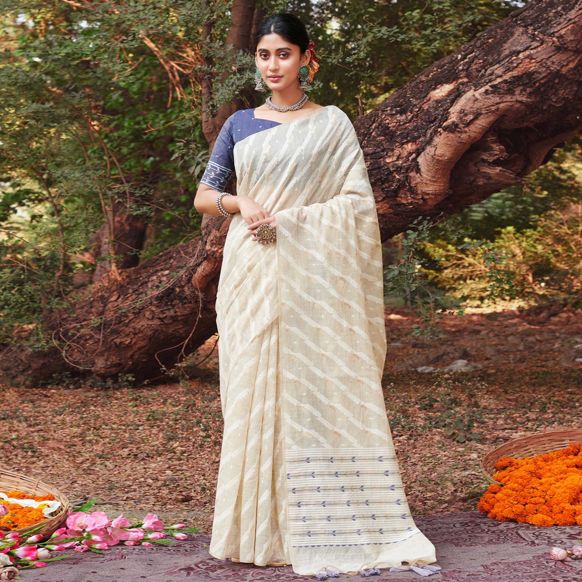 Off White & Blue Woven Cotton Silk Saree With Tassels