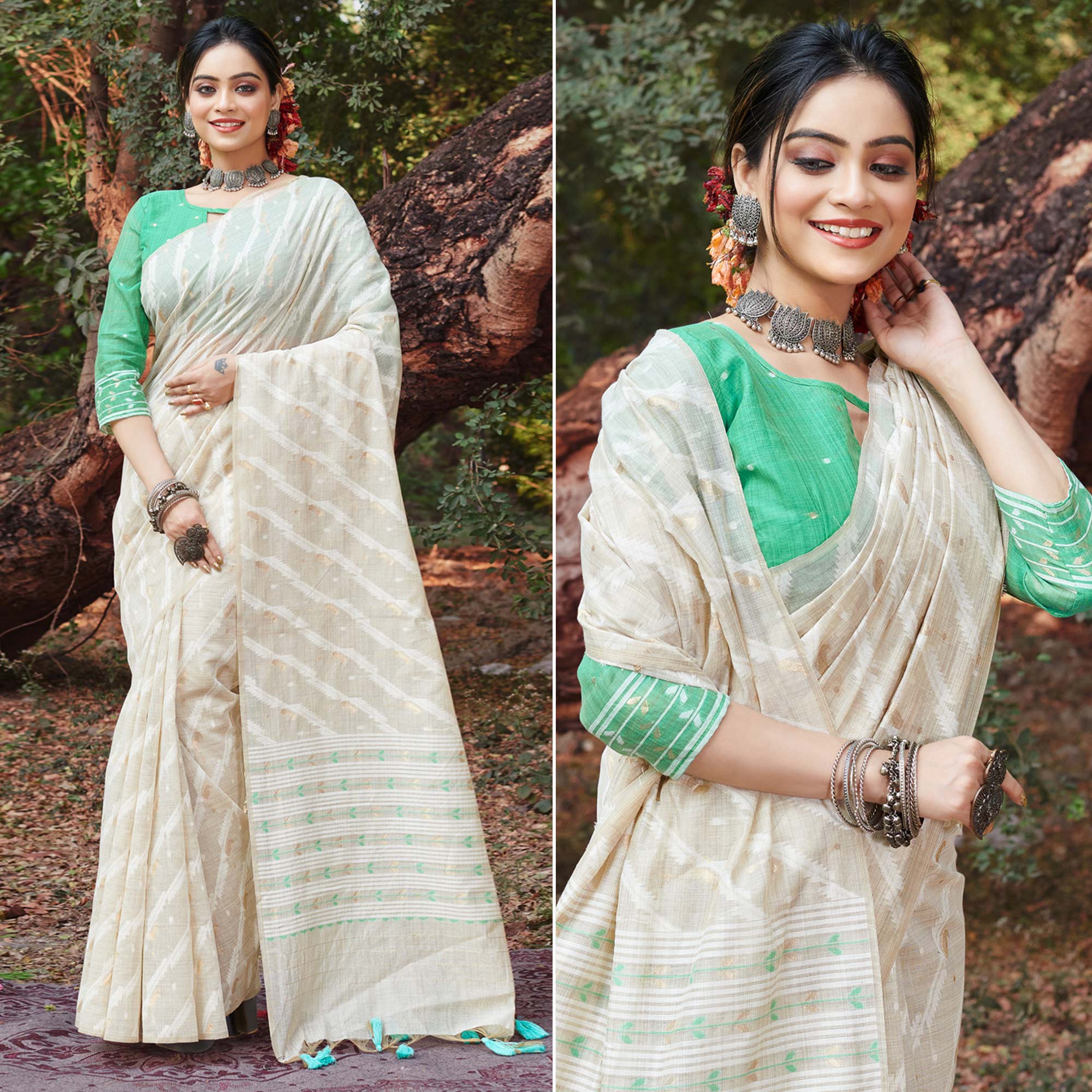 Off White & Pista Green Woven Cotton Silk Saree With Tassels