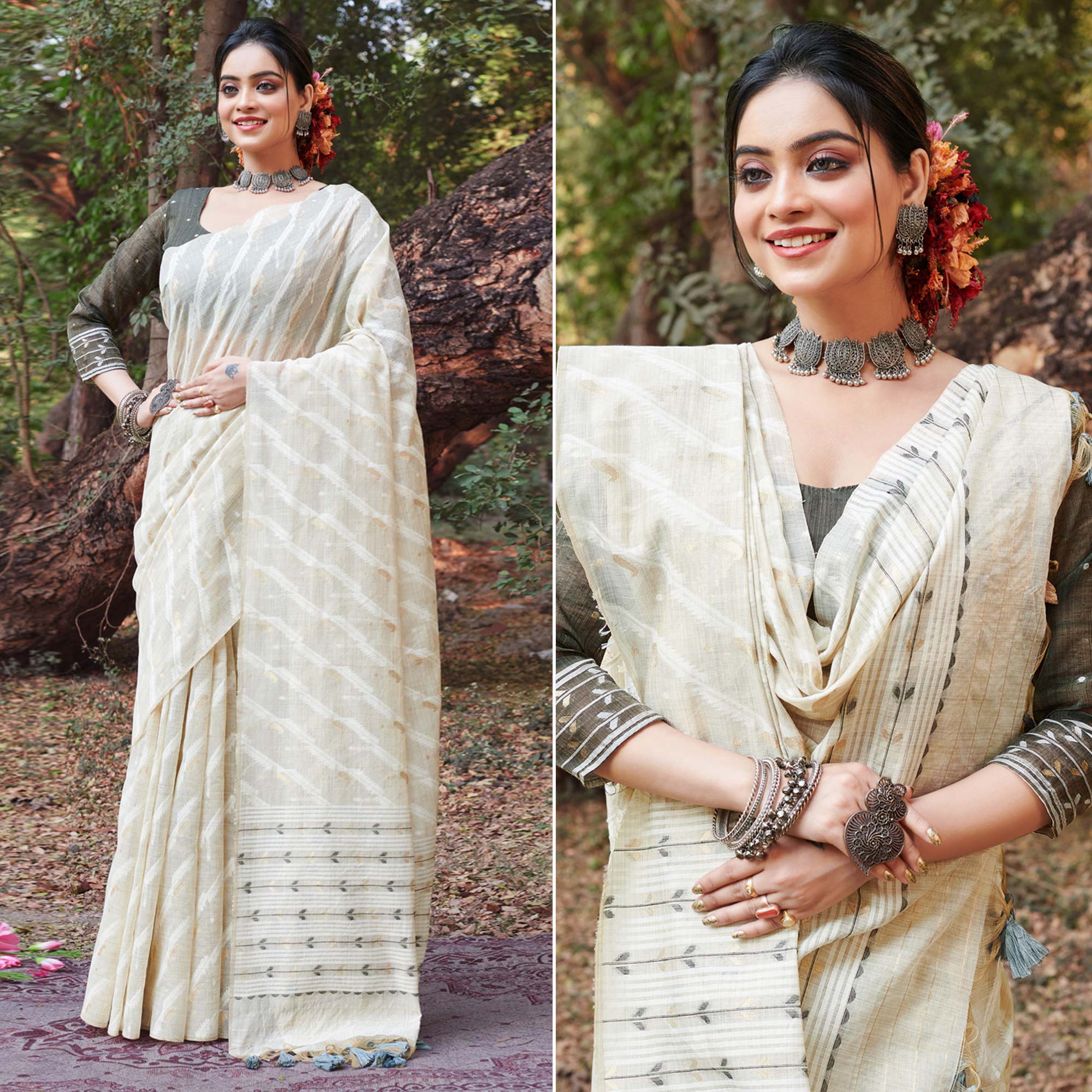 Off White & Grey Woven Cotton Silk Saree With Tassels