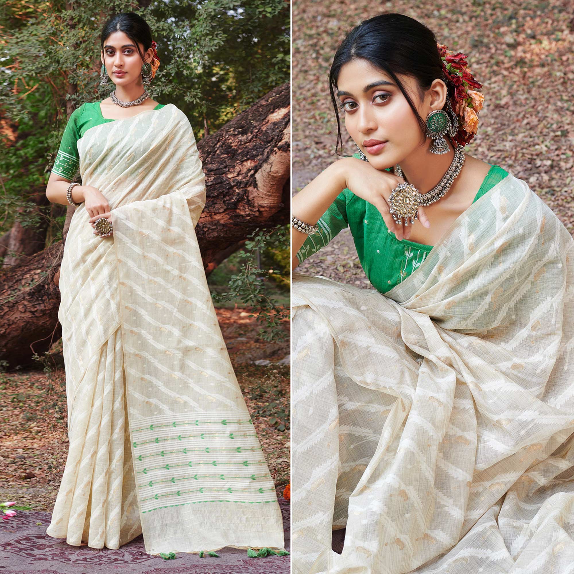 Off White & Green Woven Cotton Silk Saree With Tassels