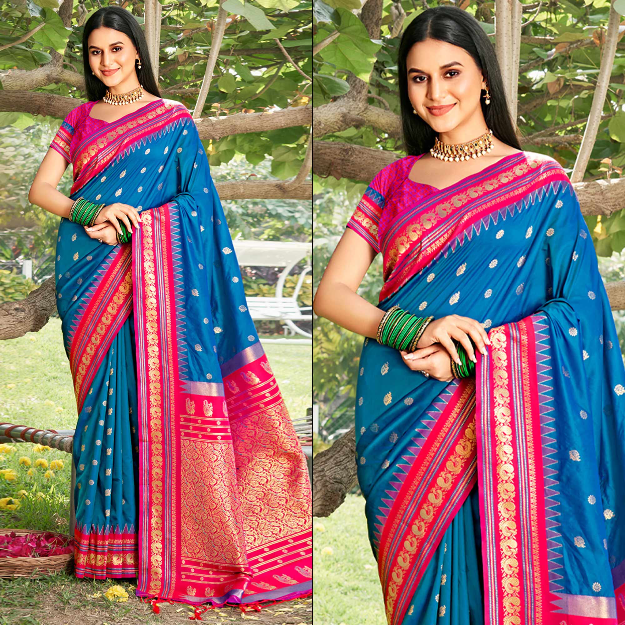 Blue Woven Paithani Banarasi Silk Saree With Tassels