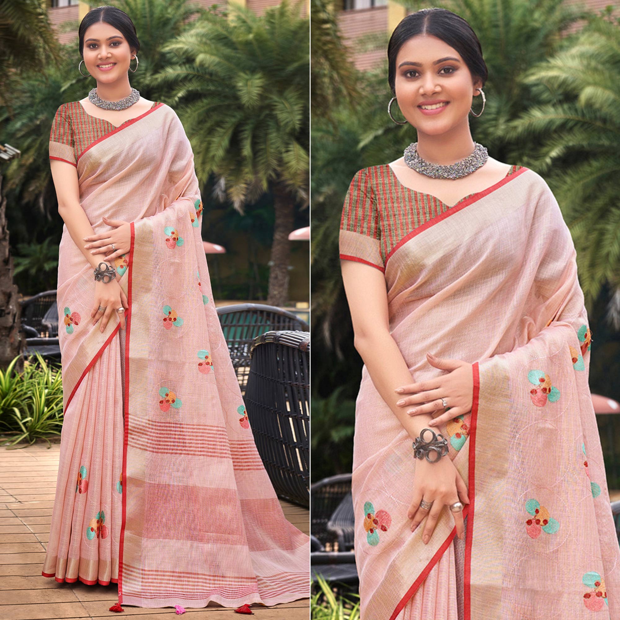 Pink Floral Embroidered Linen Saree With Tassels