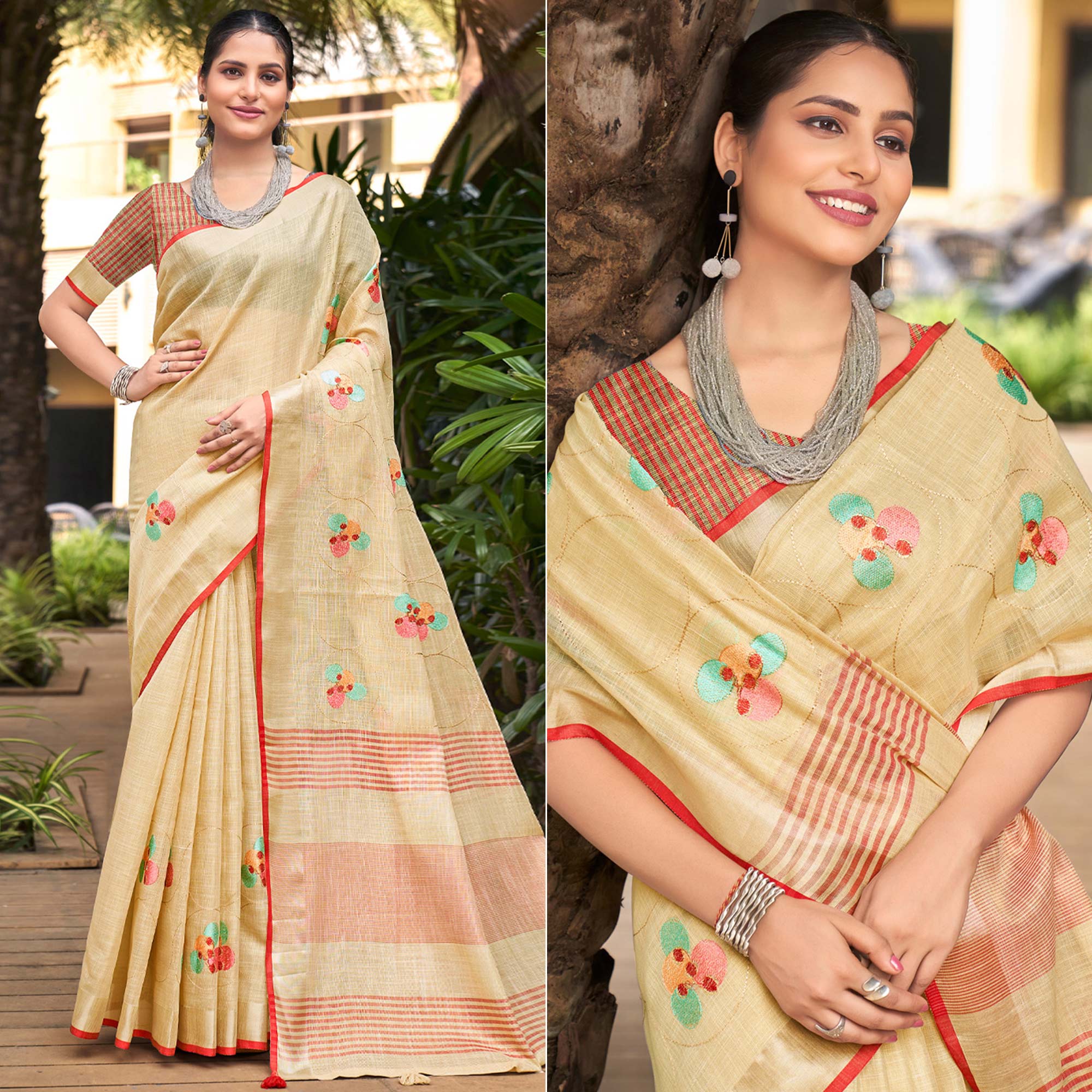 Beige Floral Embroidered Linen Saree With Tassels