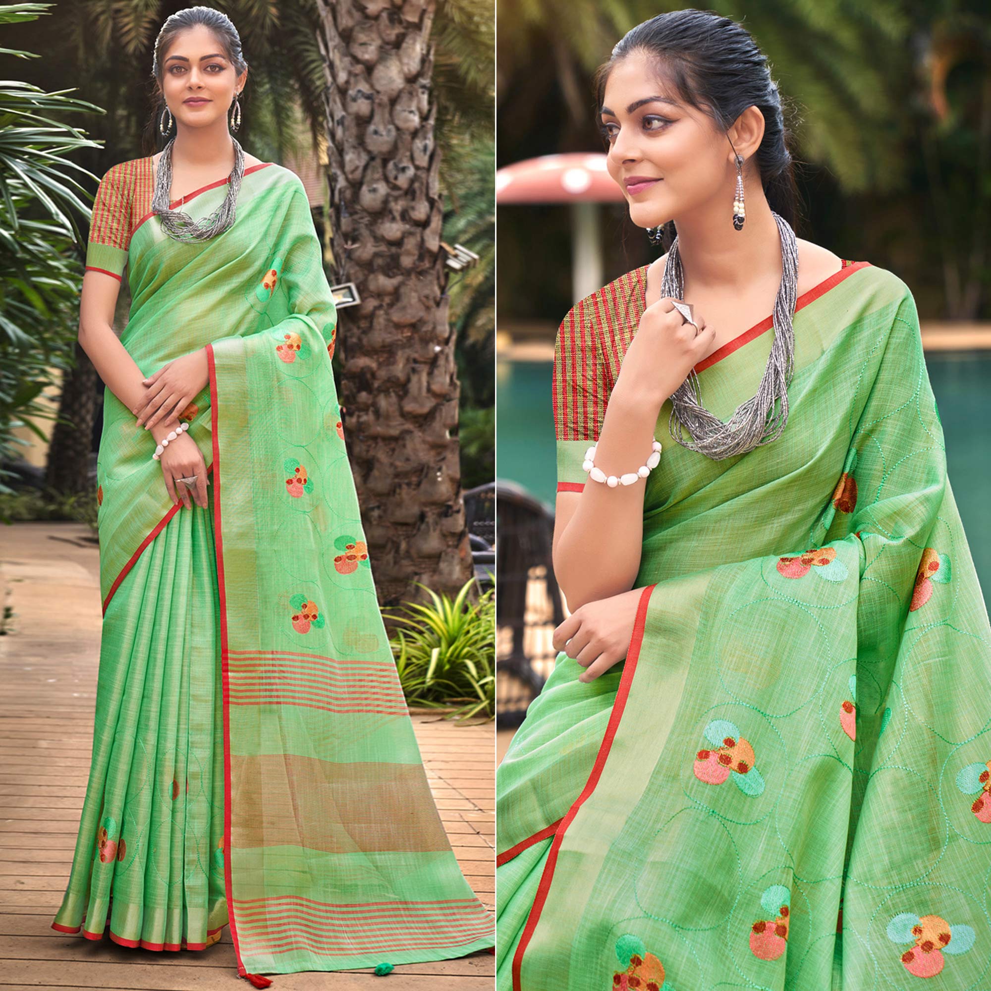 Sea Green Floral Embroidered Linen Saree With Tassels