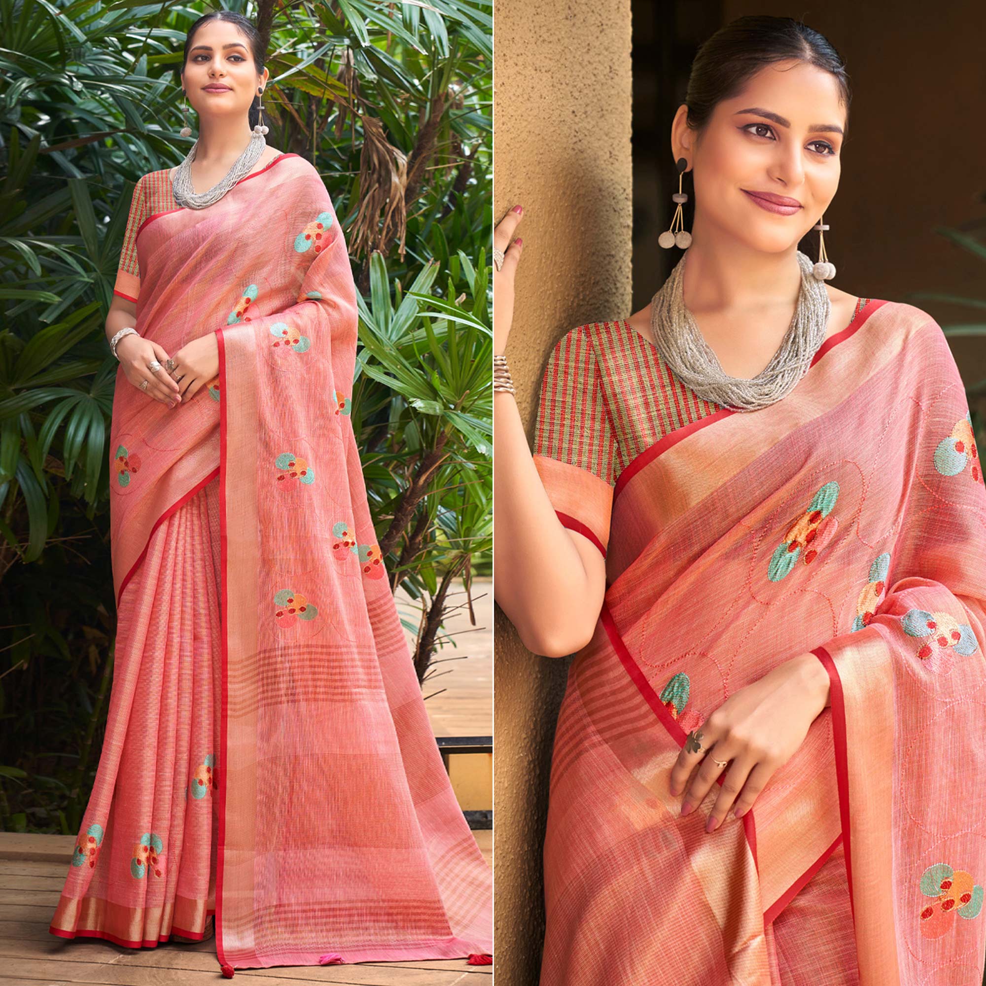 Peach Floral Embroidered Linen Saree With Tassels