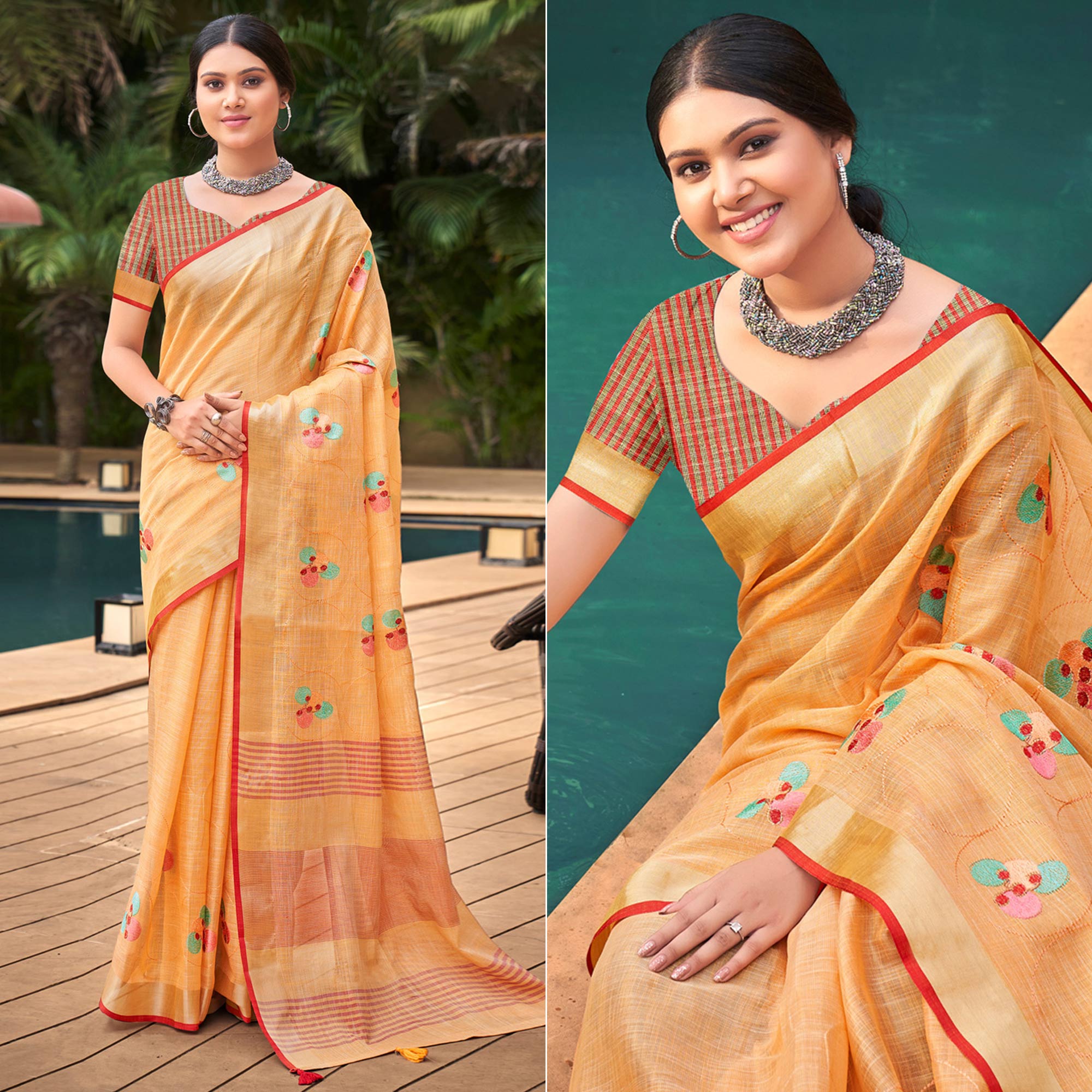 Orange Floral Embroidered Linen Saree With Tassels