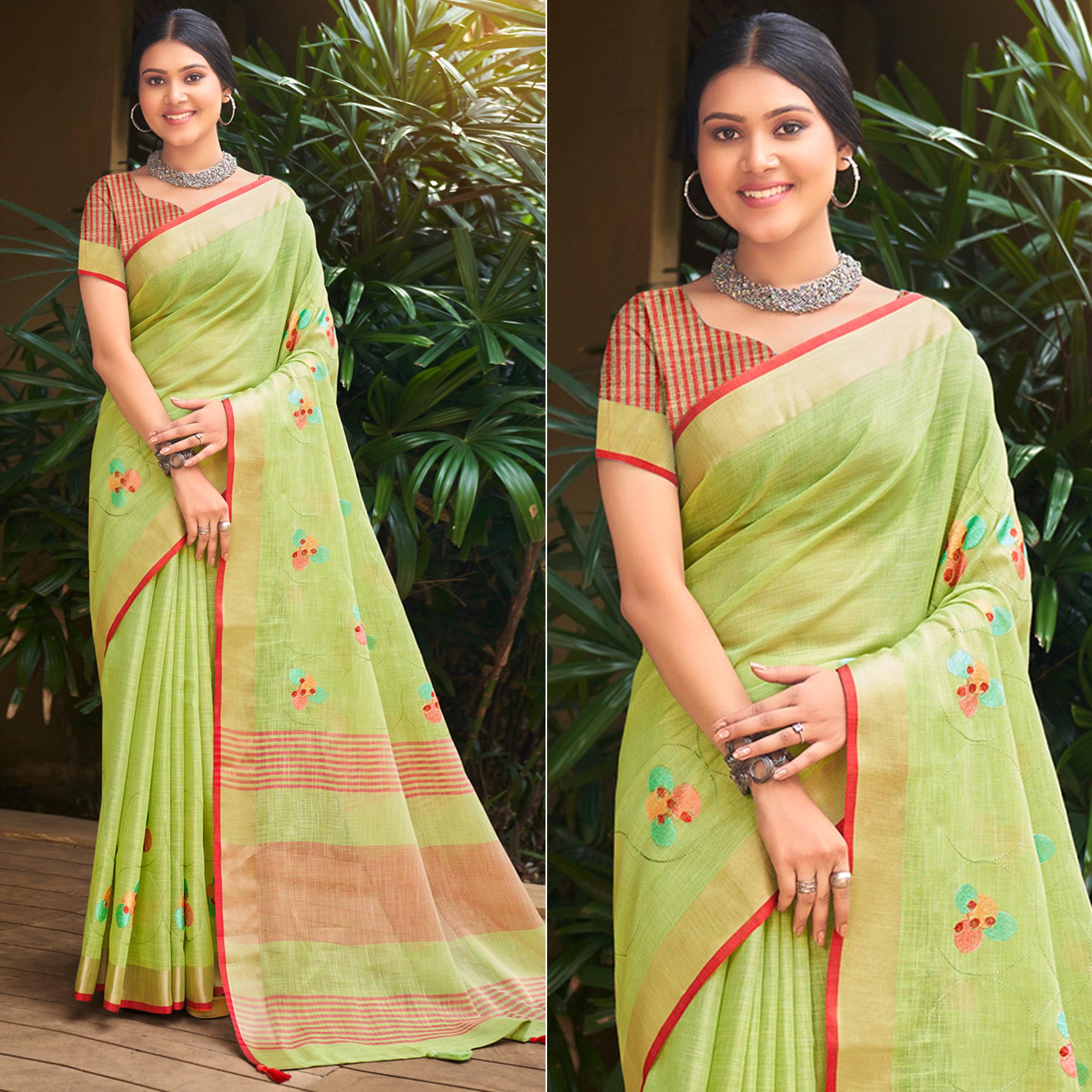 Green Floral Embroidered Linen Saree With Tassels