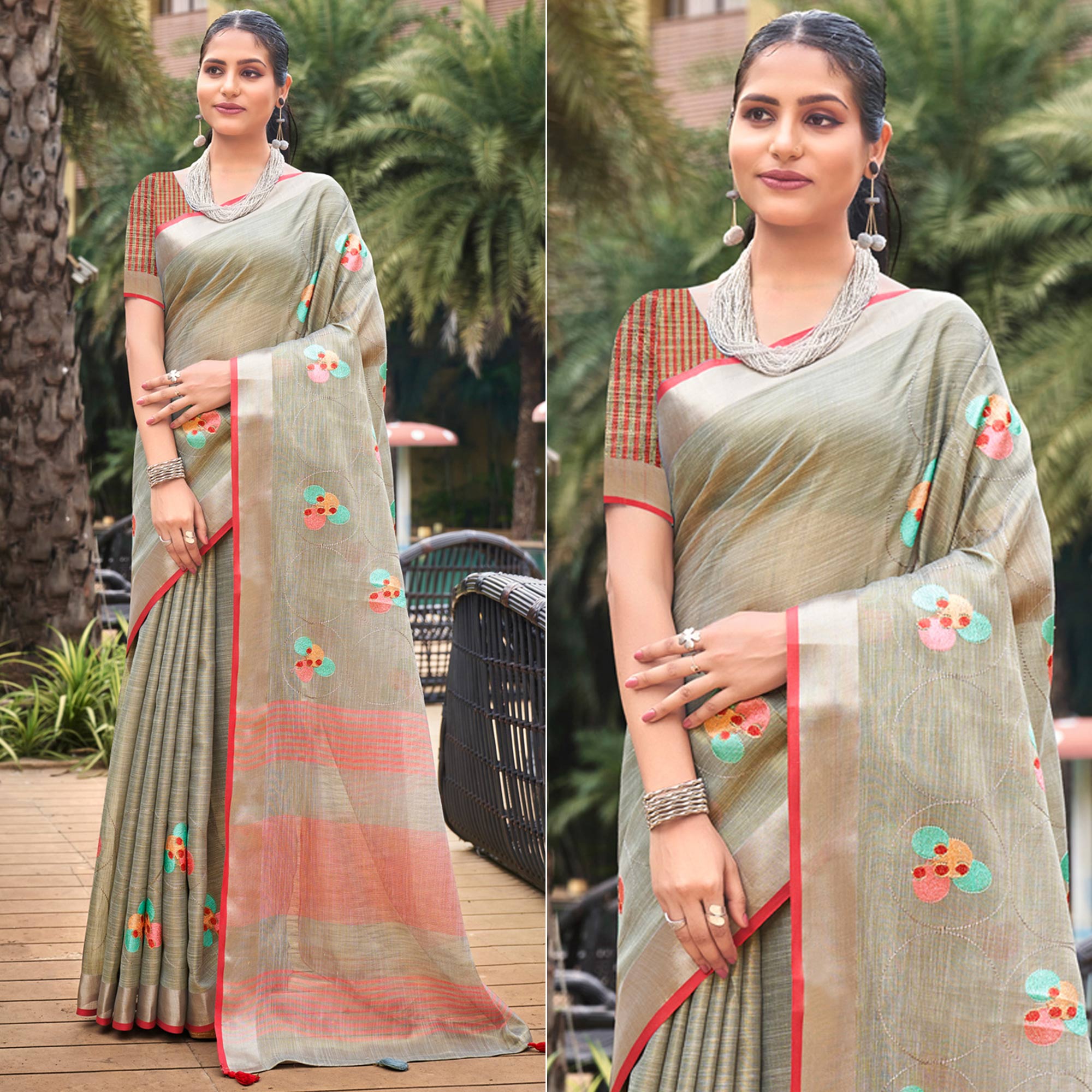 Grey Floral Embroidered Linen Saree With Tassels