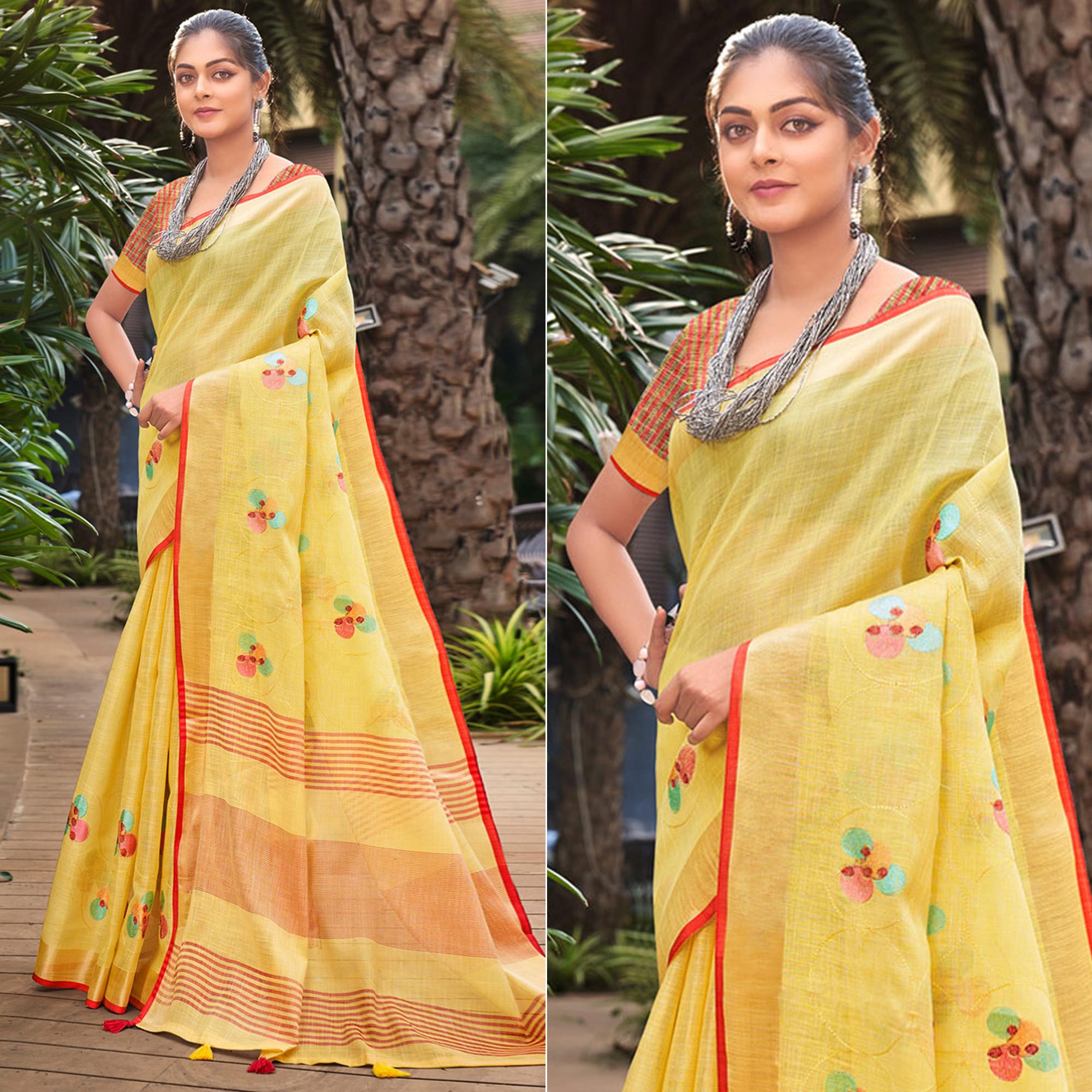 Yellow Floral Embroidered Linen Saree With Tassels