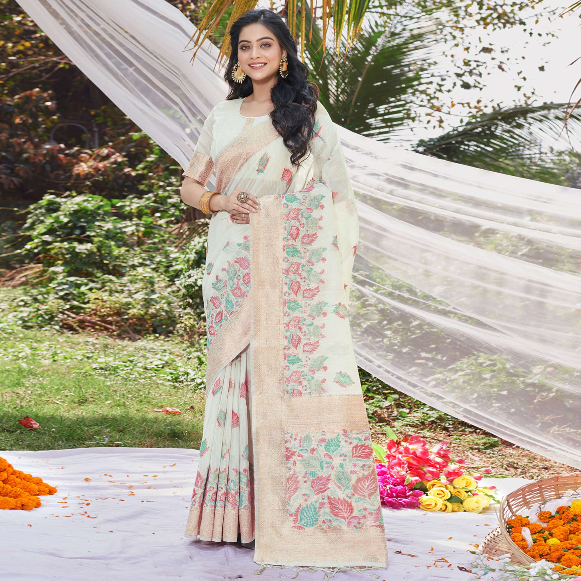 Off White Floral Woven Cotton Silk Saree With Tassels