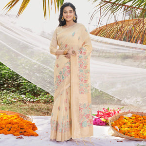Beige Floral Woven Cotton Silk Saree With Tassels
