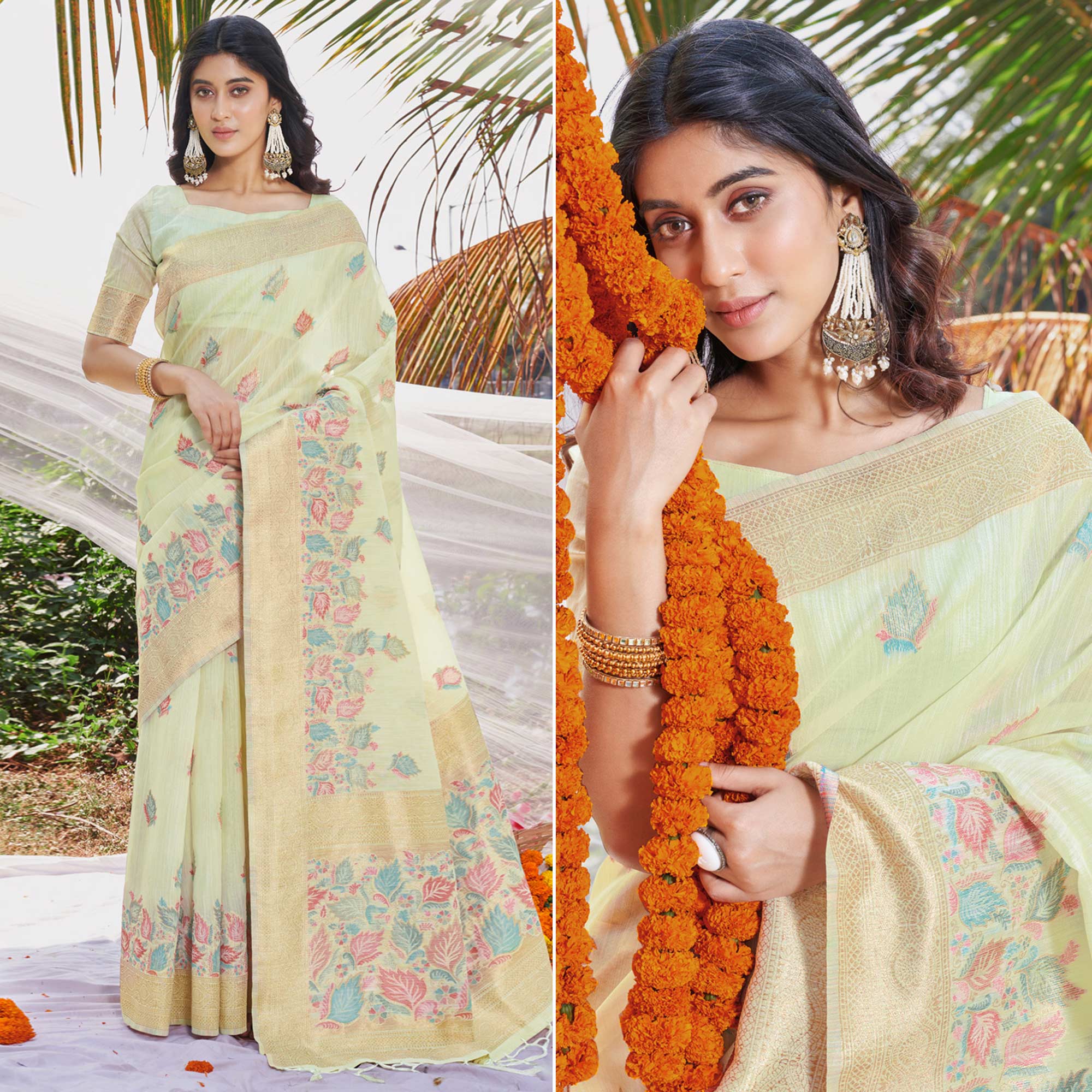 Mint Green Floral Woven Cotton Silk Saree With Tassels