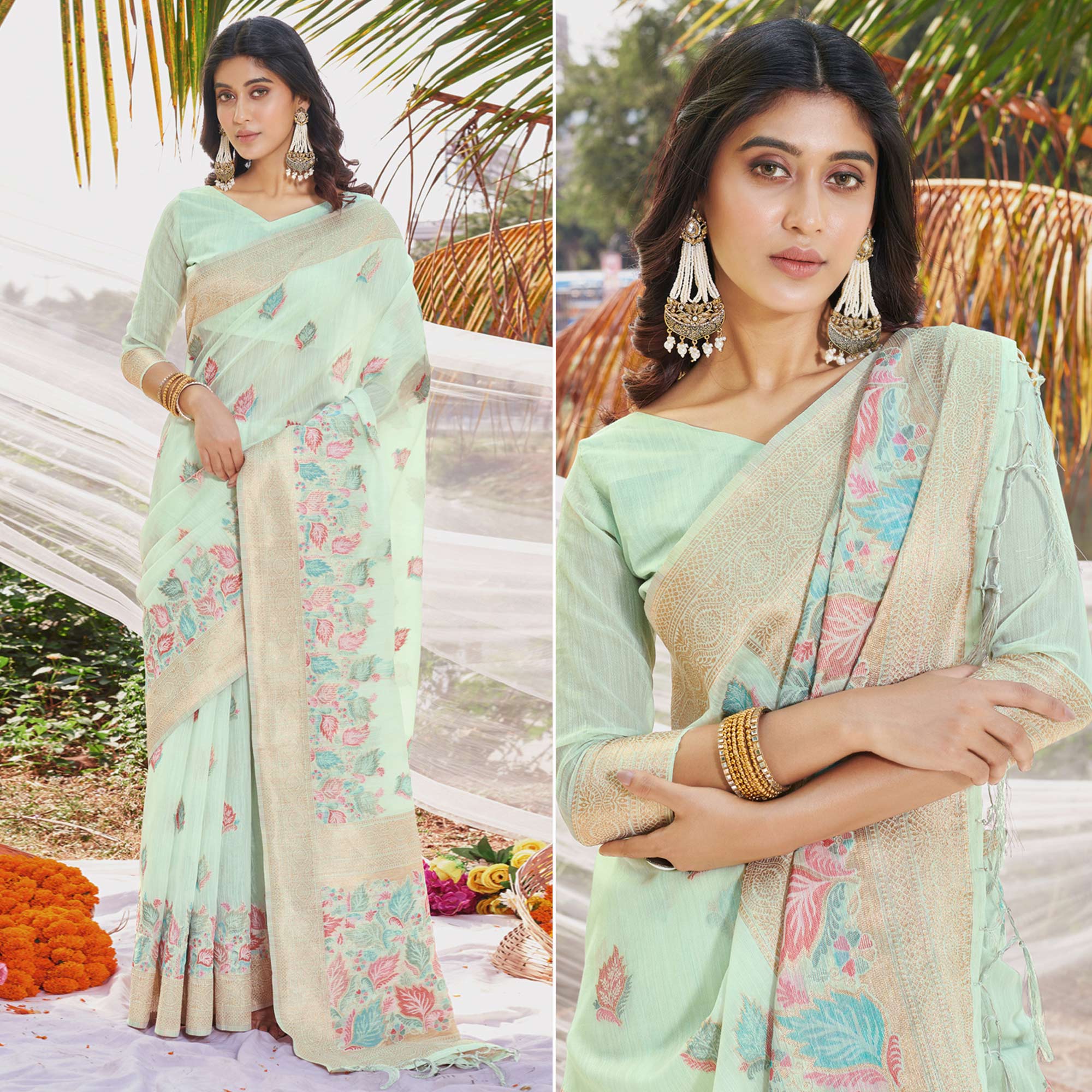 Sea Green Floral Woven Cotton Silk Saree With Tassels
