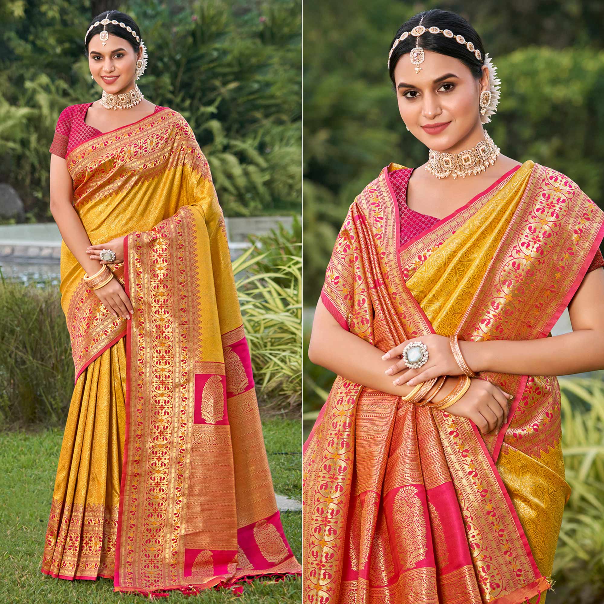 Mustard Woven Kanjivaram Silk Saree With Tassels