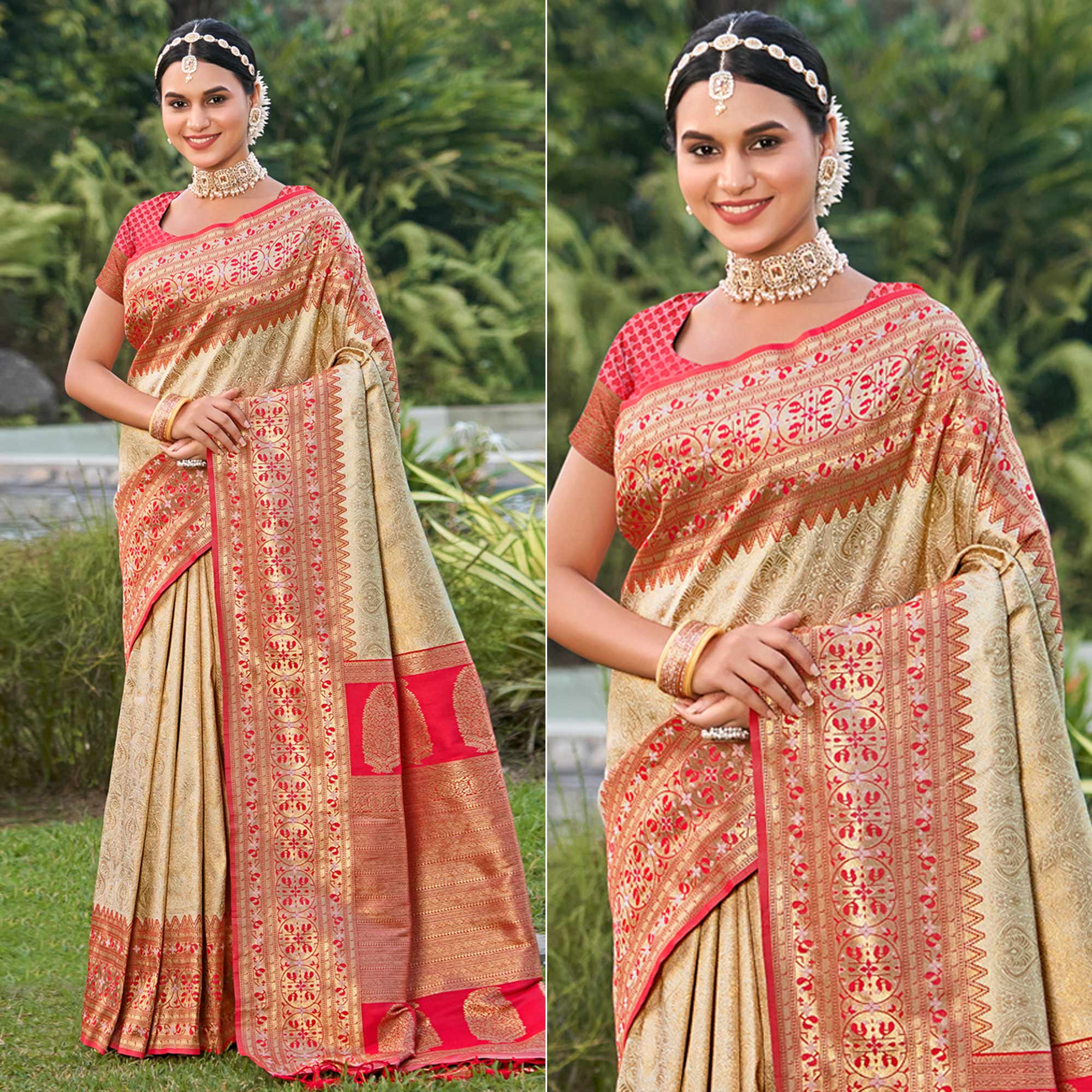 Cream Woven Kanjivaram Silk Saree With Tassels