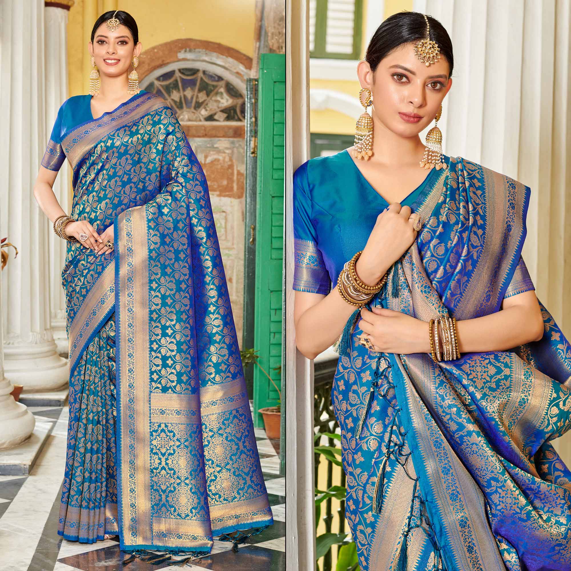 Blue Floral Woven Banarasi Silk Saree With Tassels