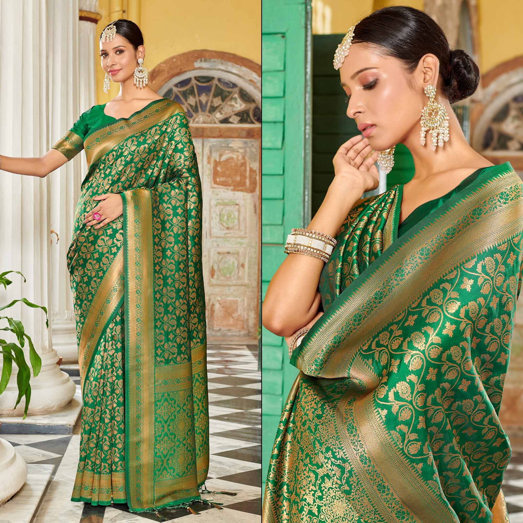 Green Floral Woven Banarasi Silk Saree With Tassels