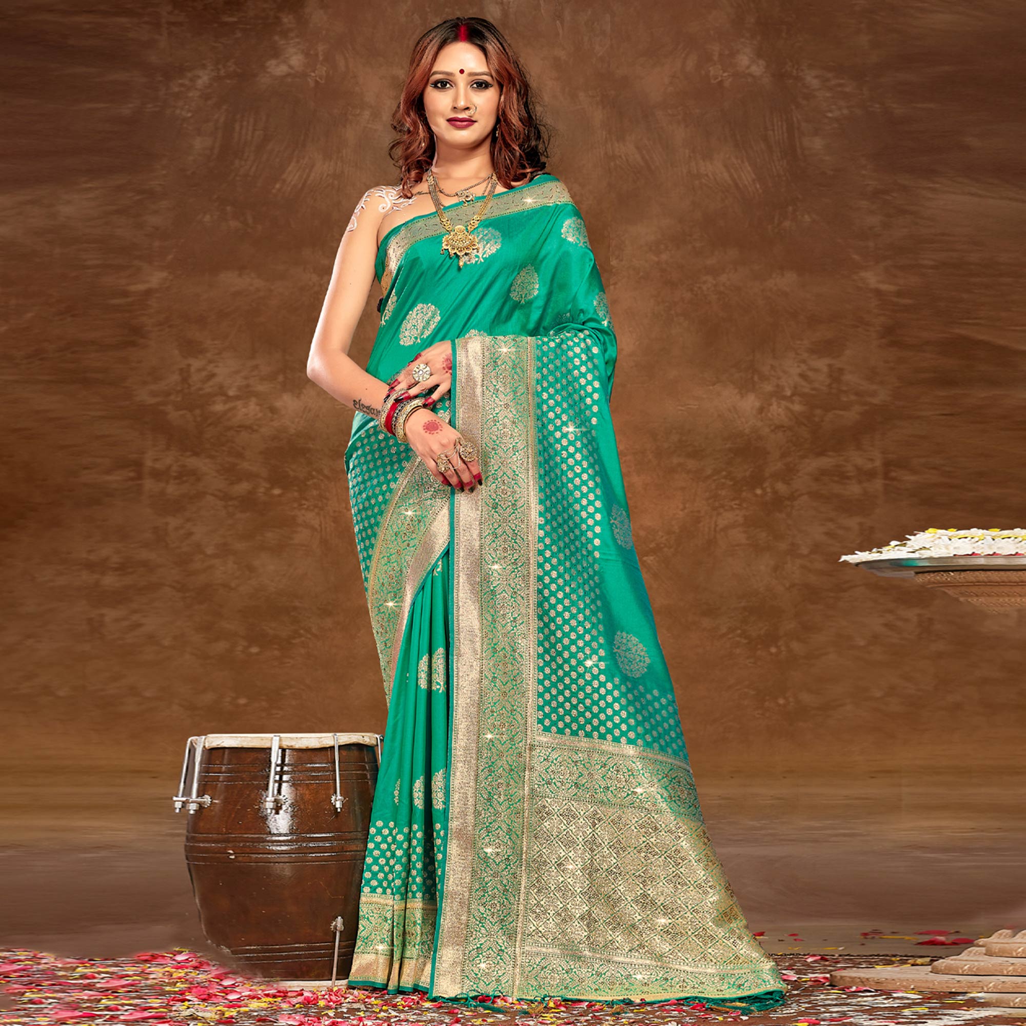 Turquoise Floral Woven Banarasi Silk Saree With Tassels