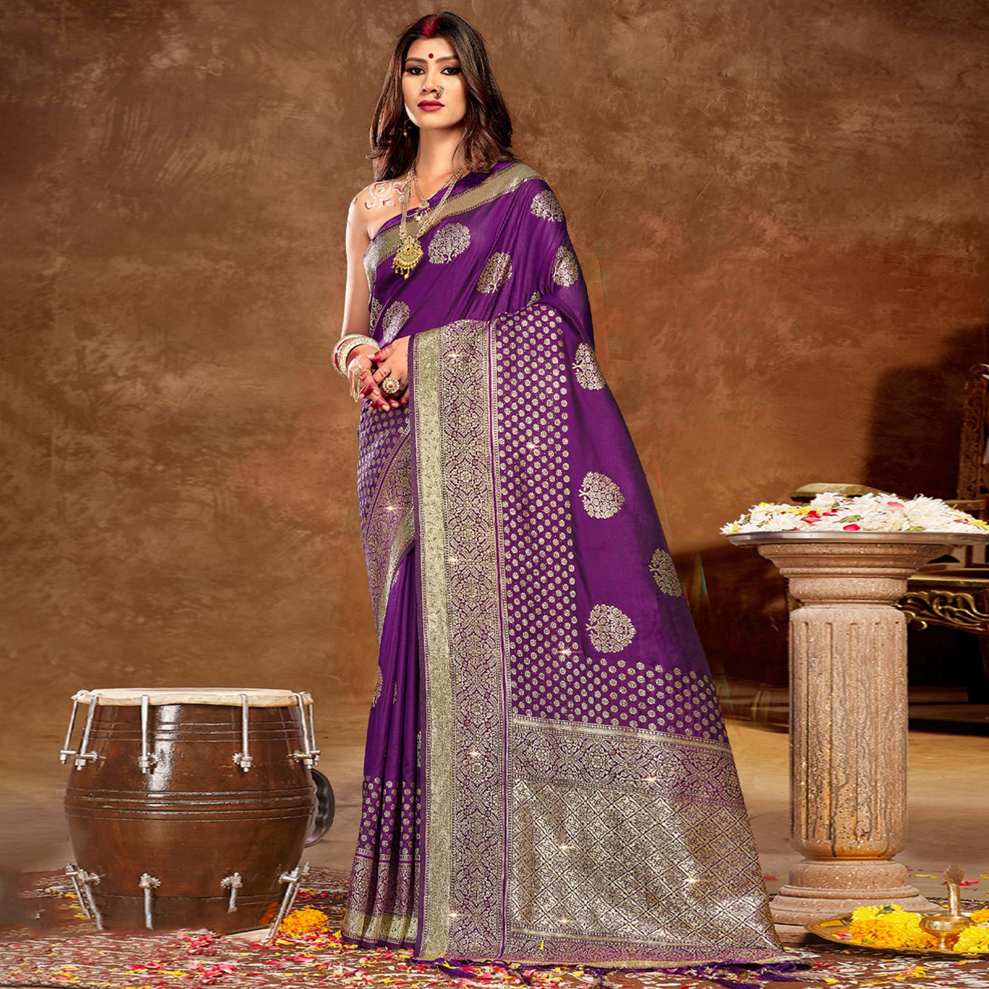 Purple Floral Woven Banarasi Silk Saree With Tassels
