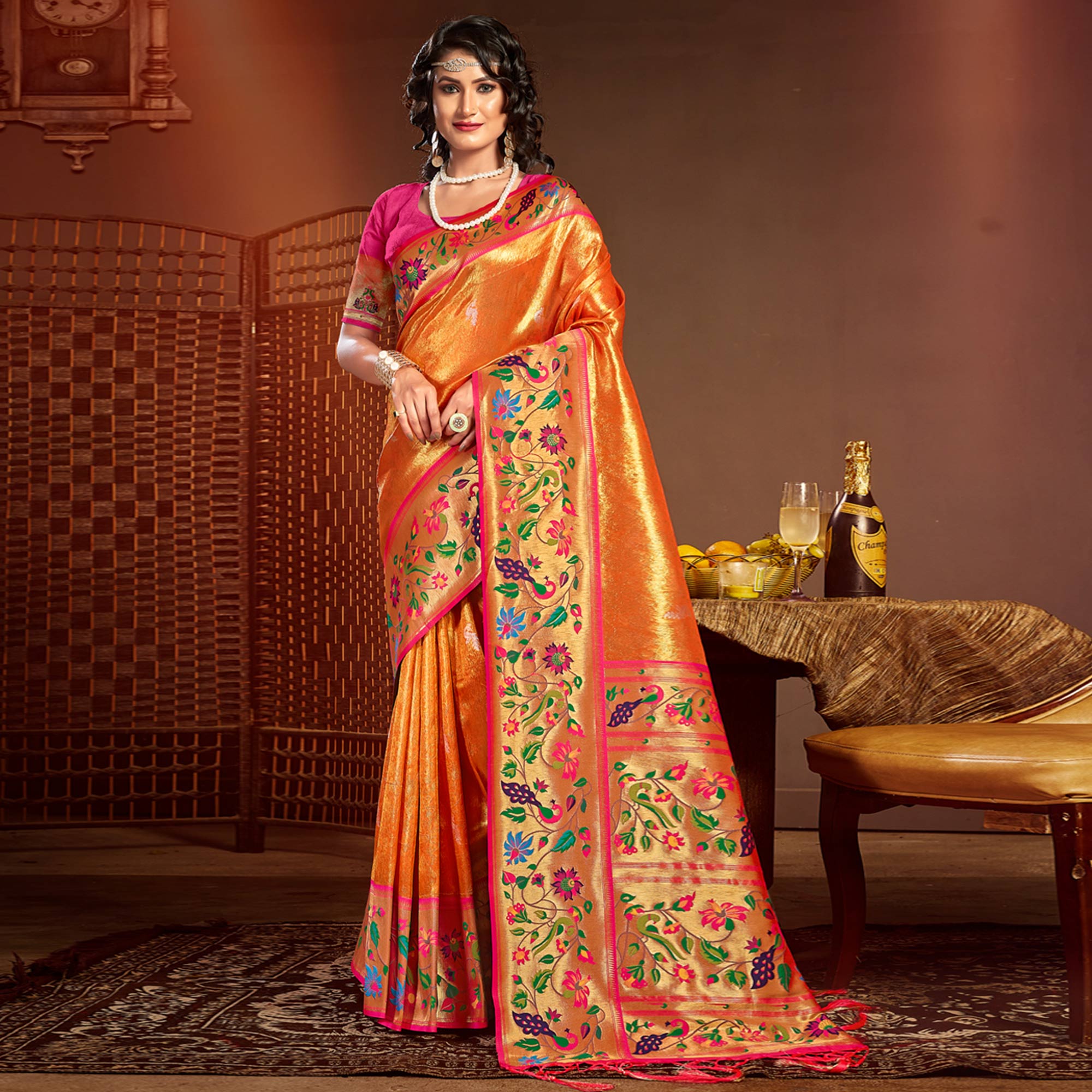 Orange Woven Raw Silk Paithani Saree With Tassels