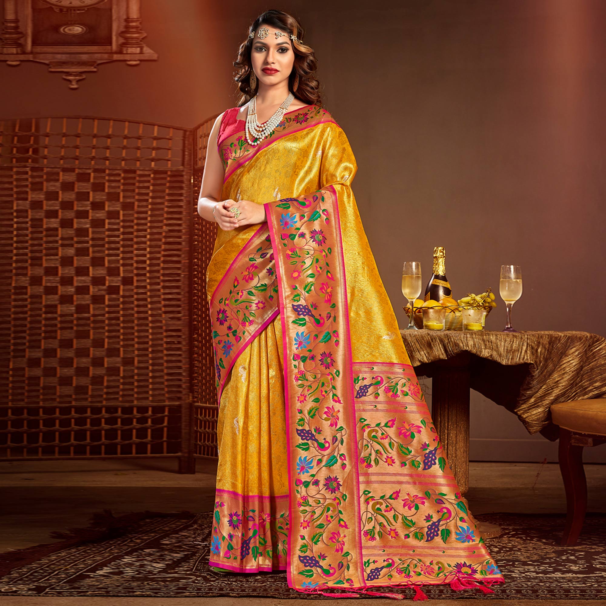 Yellow Woven Raw Silk Paithani Saree With Tassels