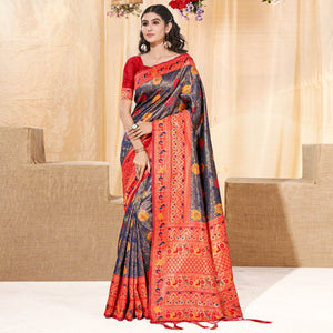 Blue Floral Woven Kanjivaram Silk Saree With Tassels