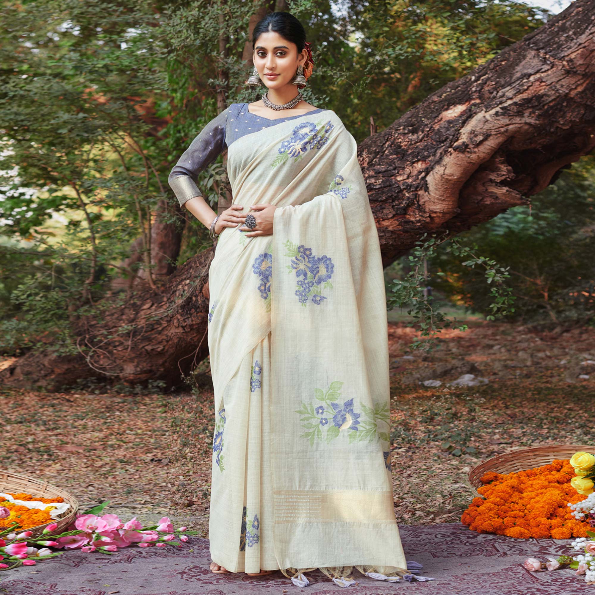 Off White & Blue Floral Woven Cotton Silk Saree With Tassels