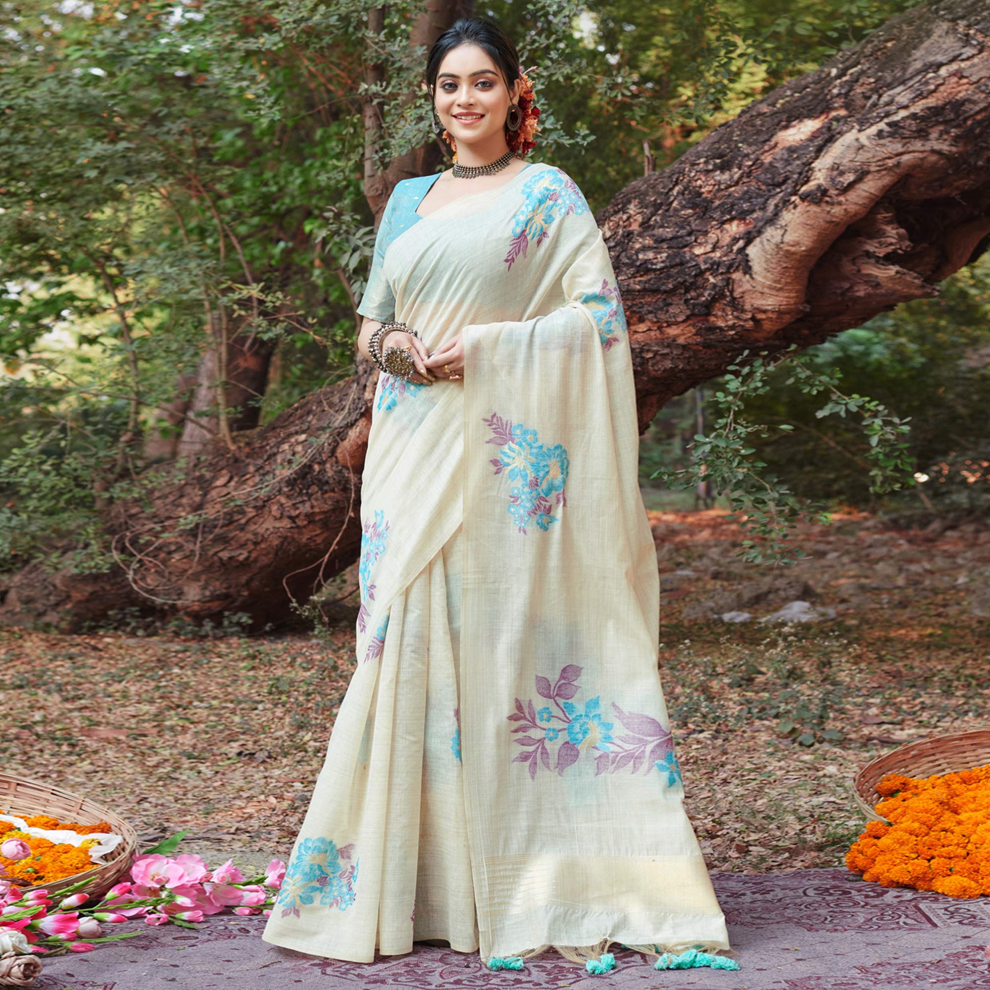 Off White & Turquoise Floral Woven Cotton Silk Saree With Tassels