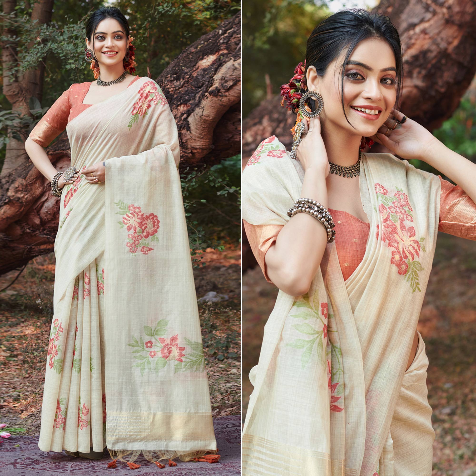 Off White & Rust Floral Woven Cotton Silk Saree With Tassels