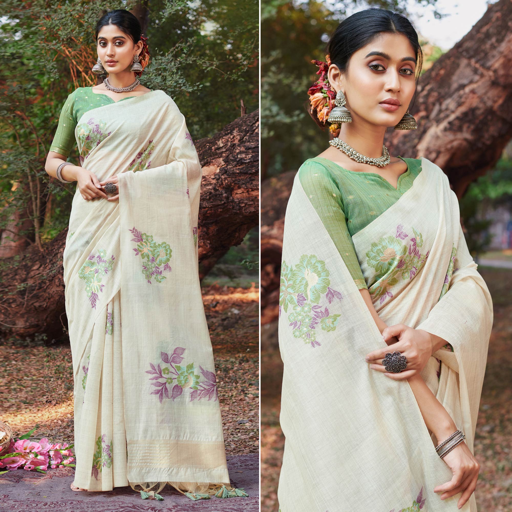 Off White & Green Floral Woven Cotton Silk Saree With Tassels