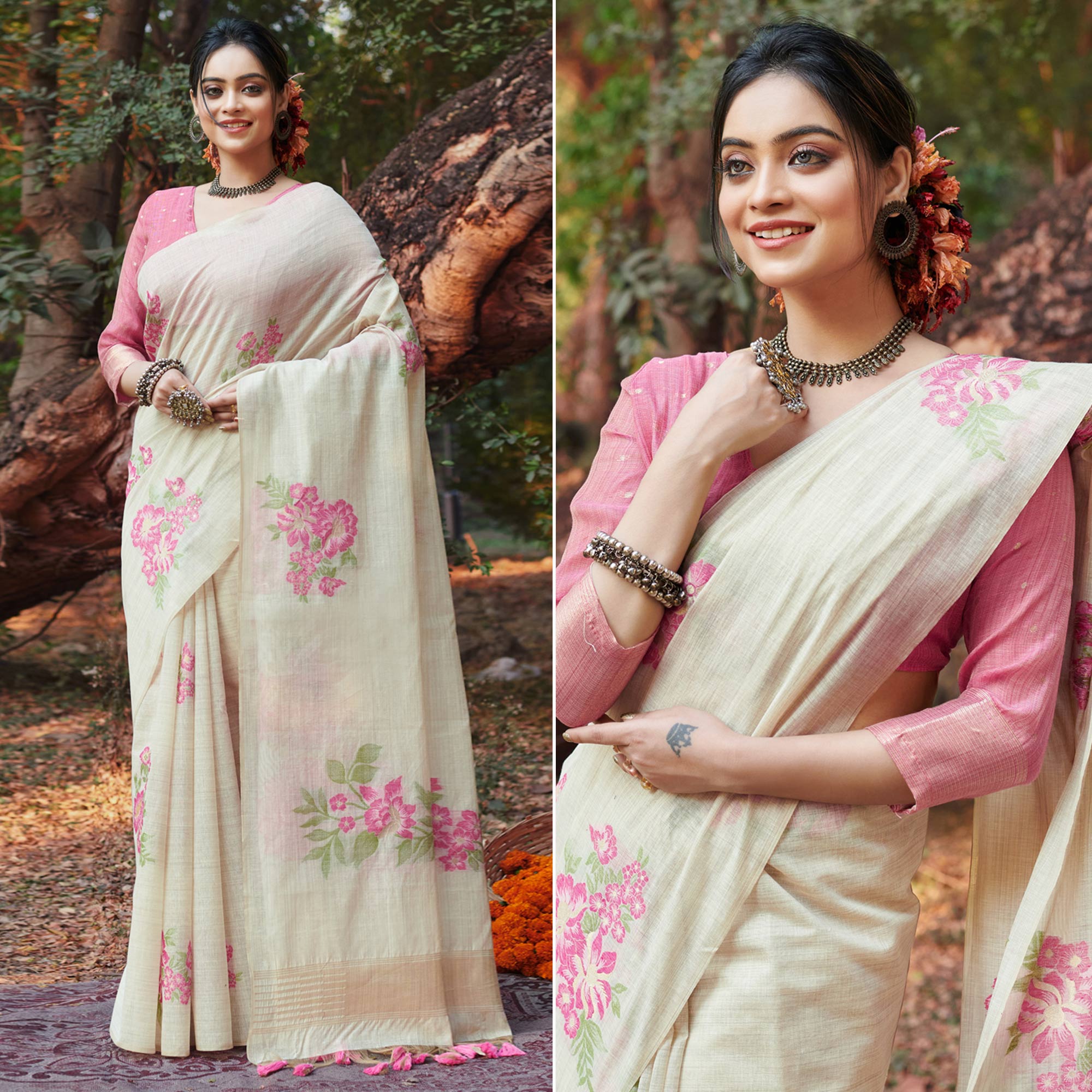 Off White & Pink Floral Woven Cotton Silk Saree With Tassels