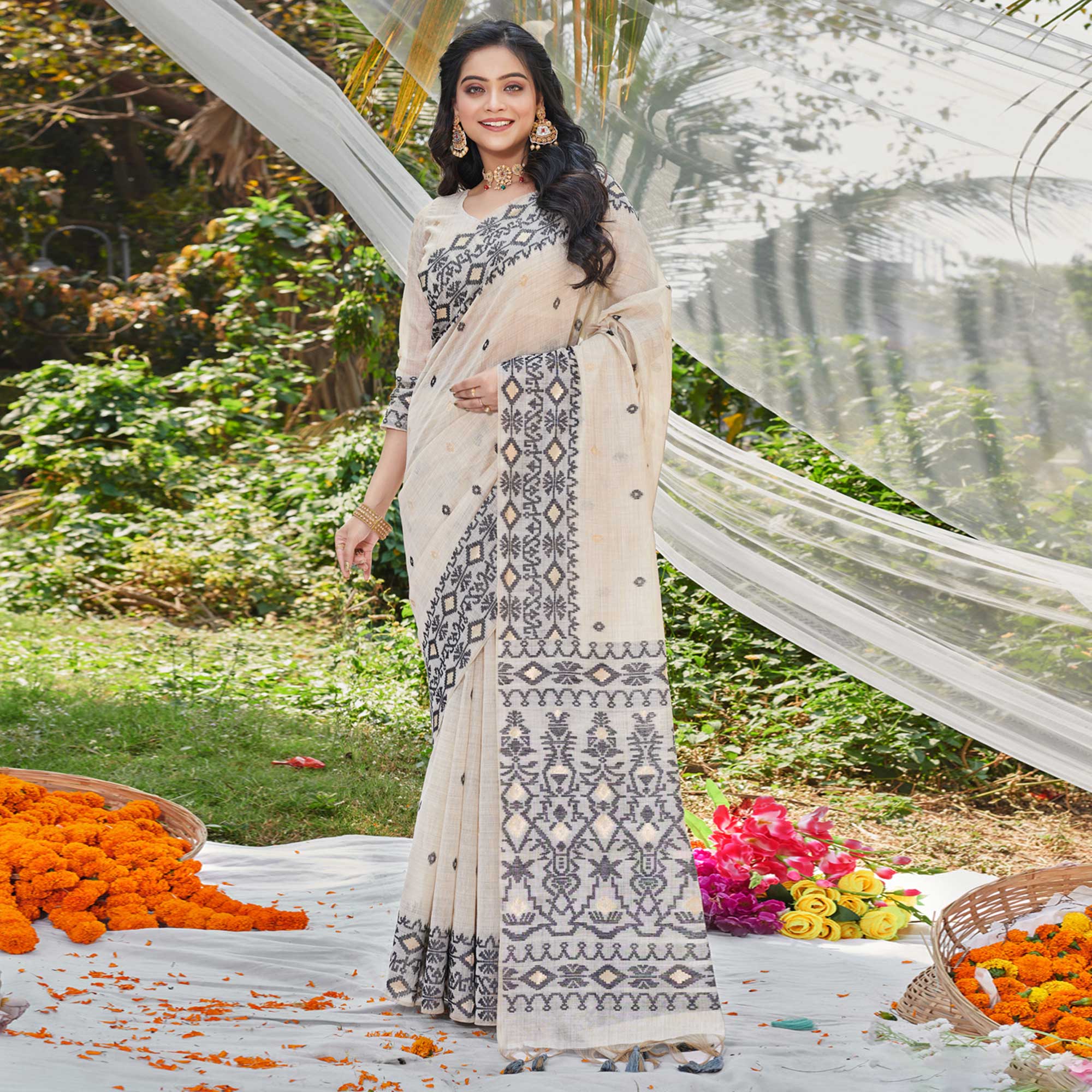 Off White & Black Woven Cotton Silk Saree With Tassels