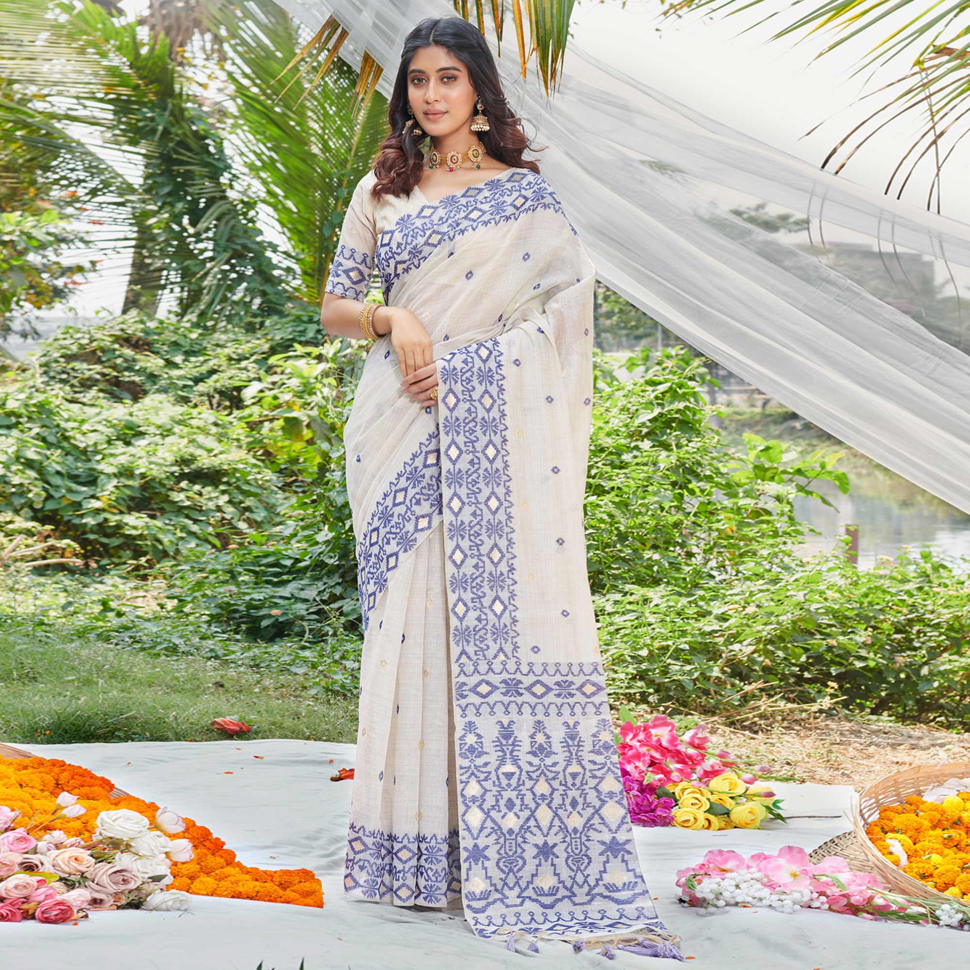Off White & Blue Woven Cotton Silk Saree With Tassels