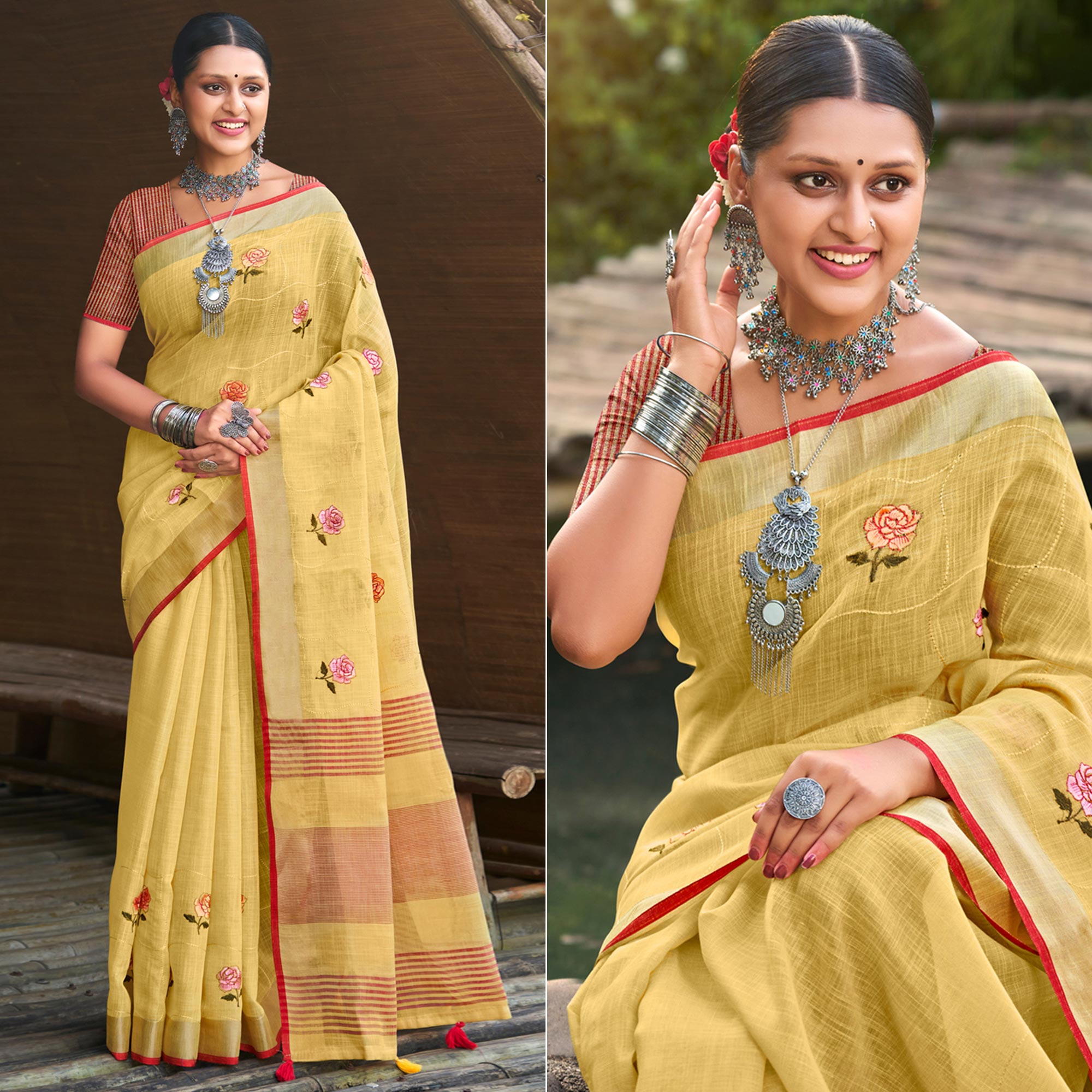 Yellow Floral Embroidered Linen Saree With Tassels