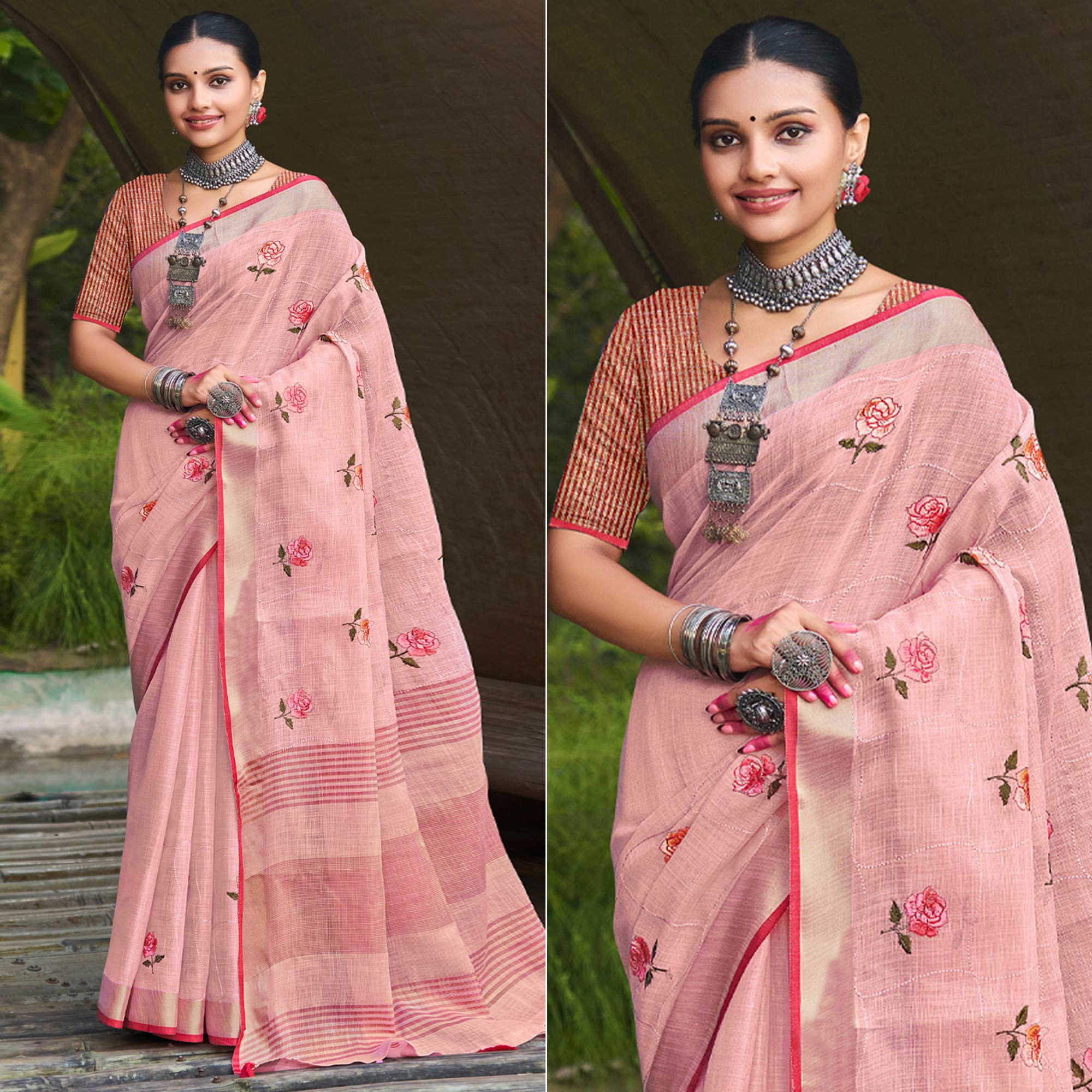 Pink Floral Embroidered Linen Saree With Tassels
