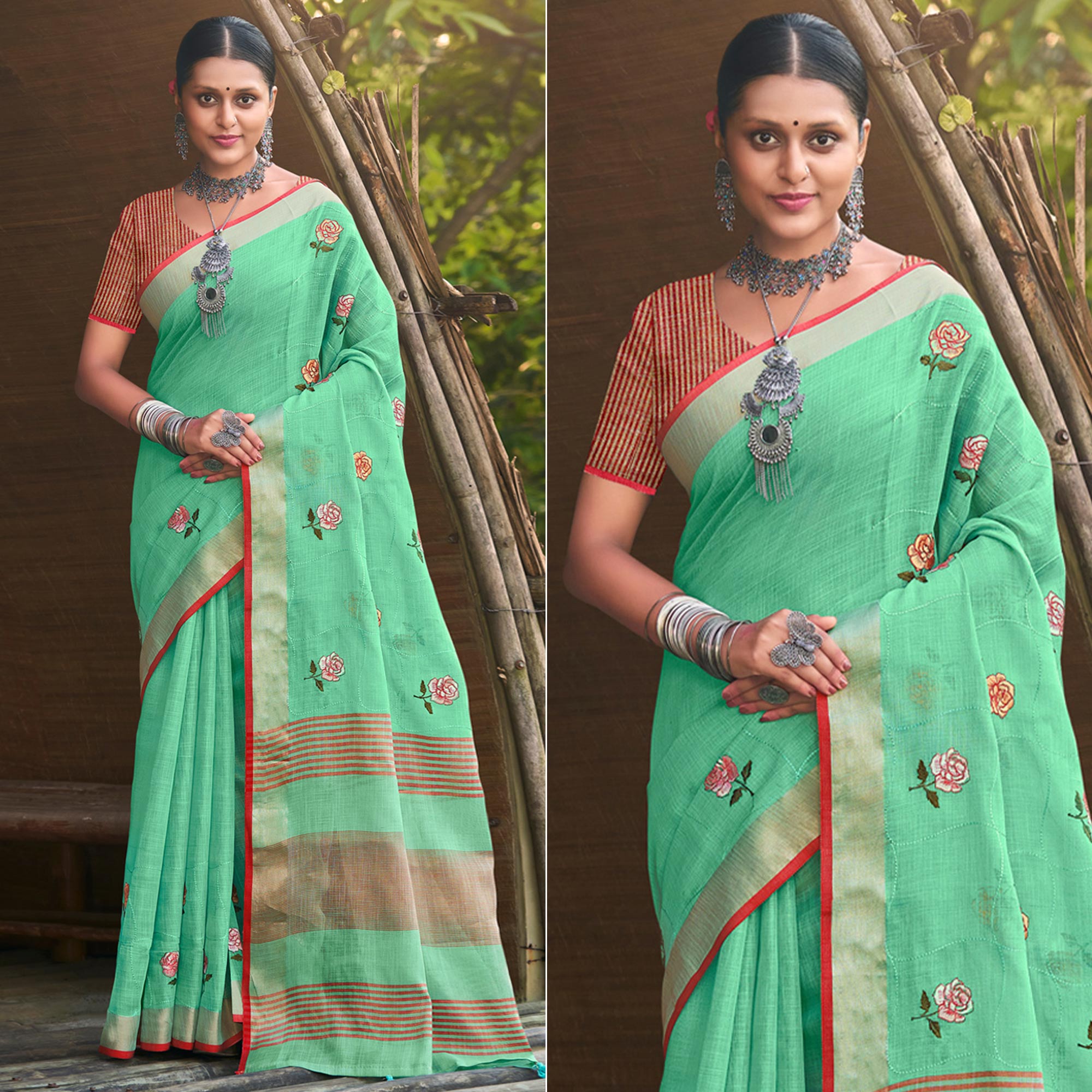 Sea Green Floral Embroidered Linen Saree With Tassels