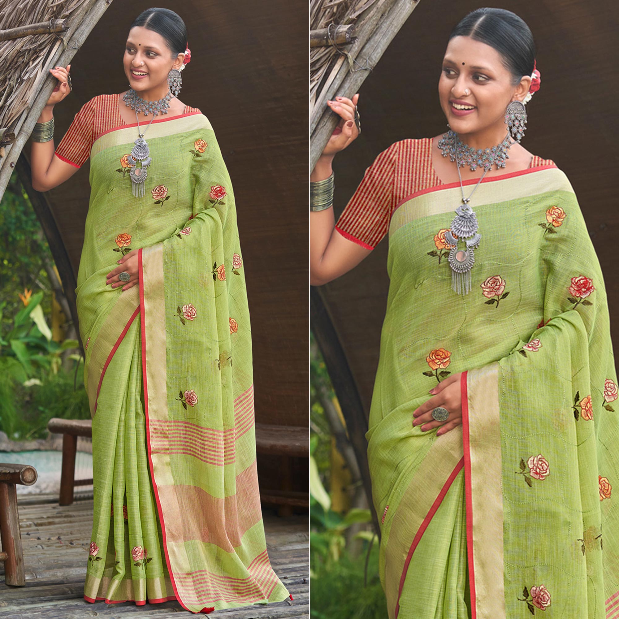 Green Floral Embroidered Linen Saree With Tassels