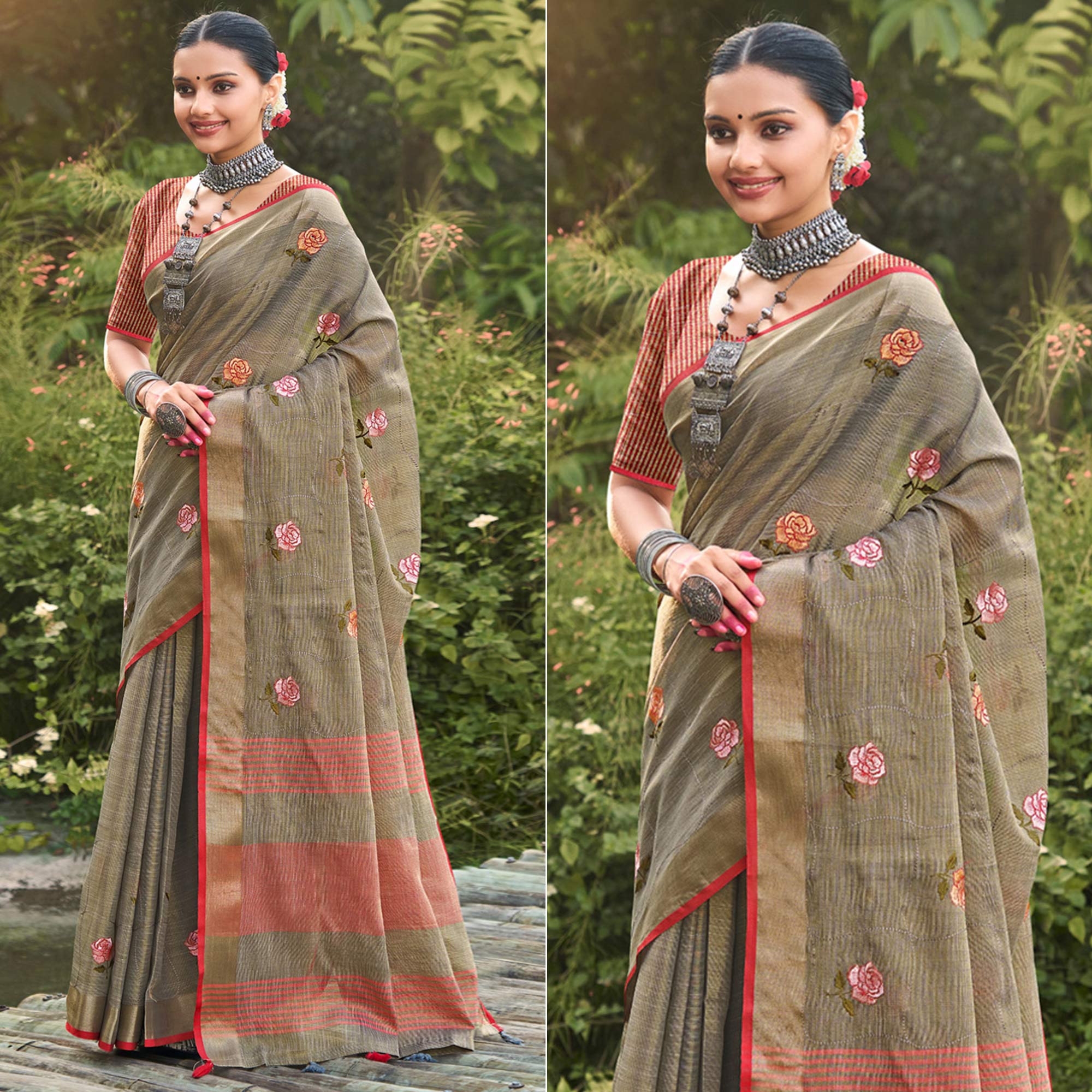 Grey Floral Embroidered Linen Saree With Tassels