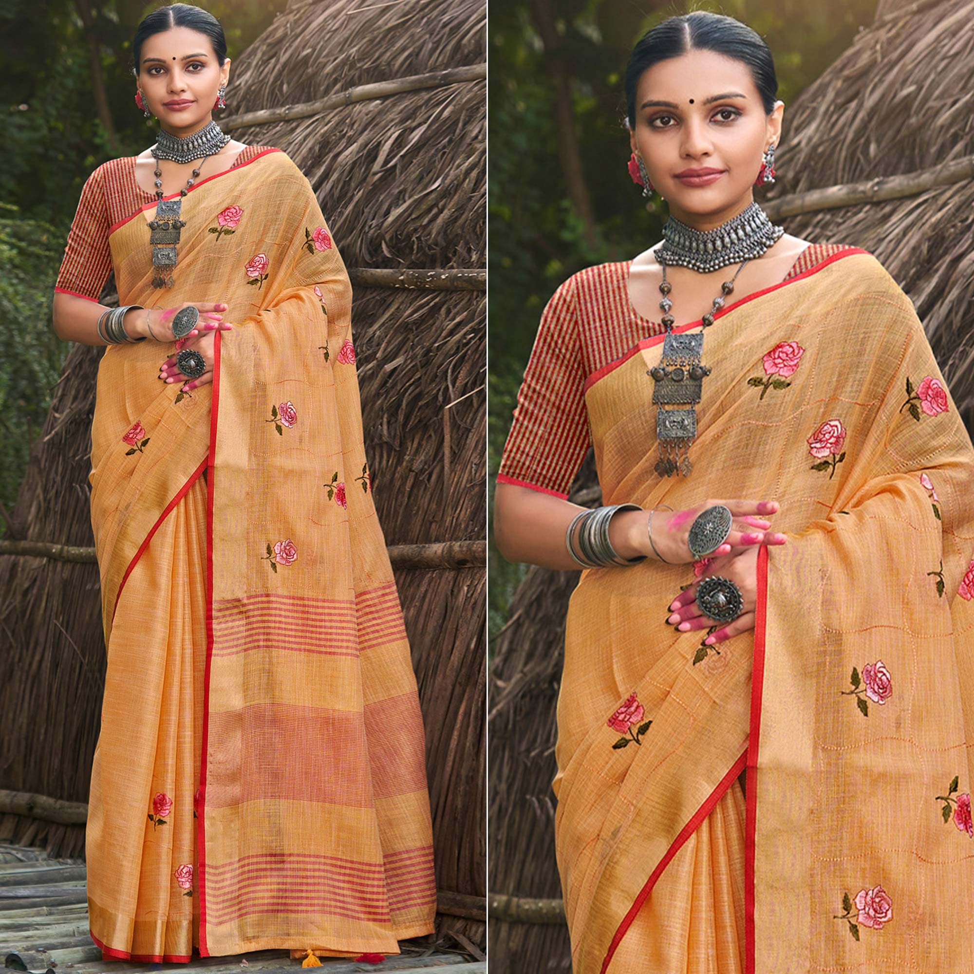 Orange Floral Embroidered Linen Saree With Tassels