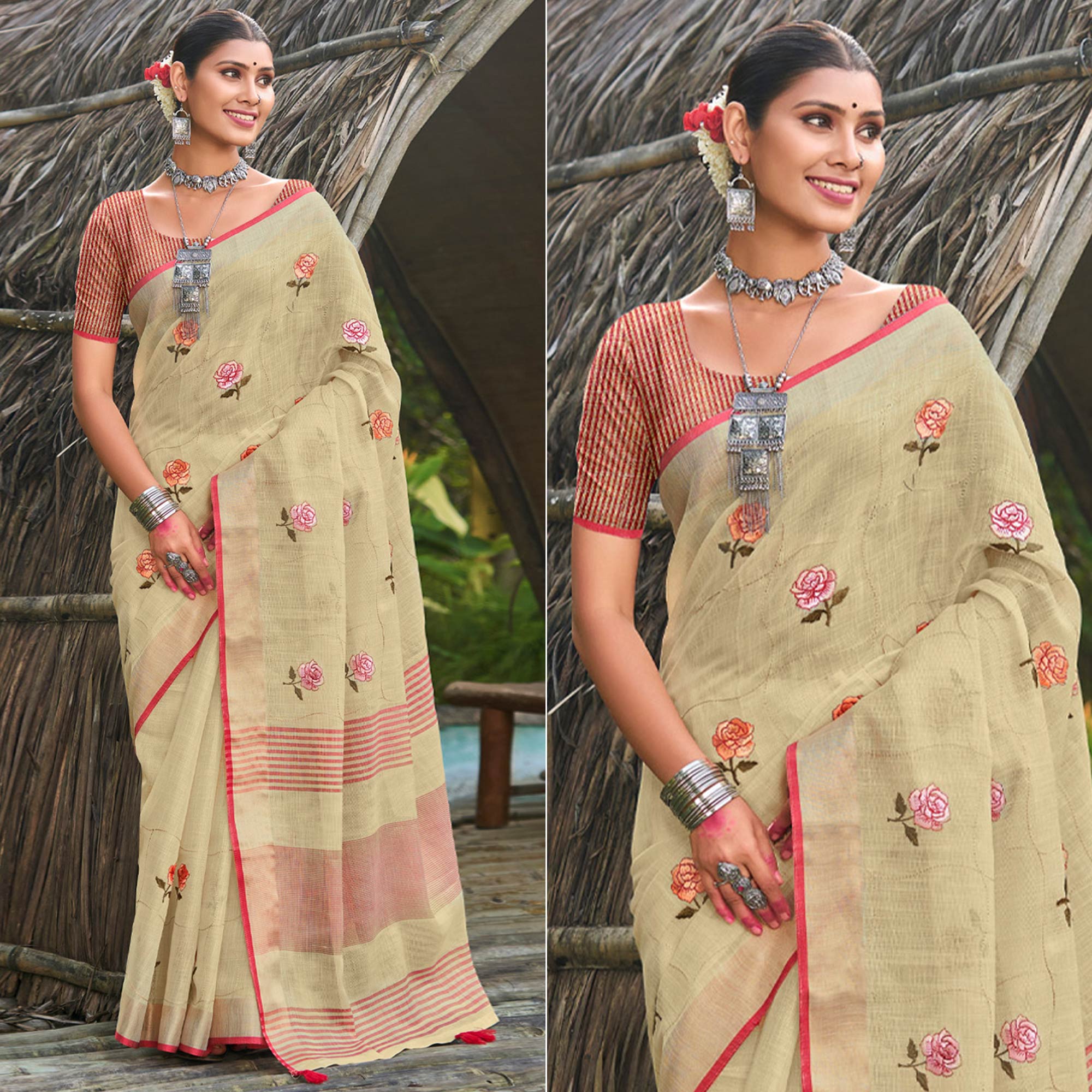 Beige Floral Embroidered Linen Saree With Tassels