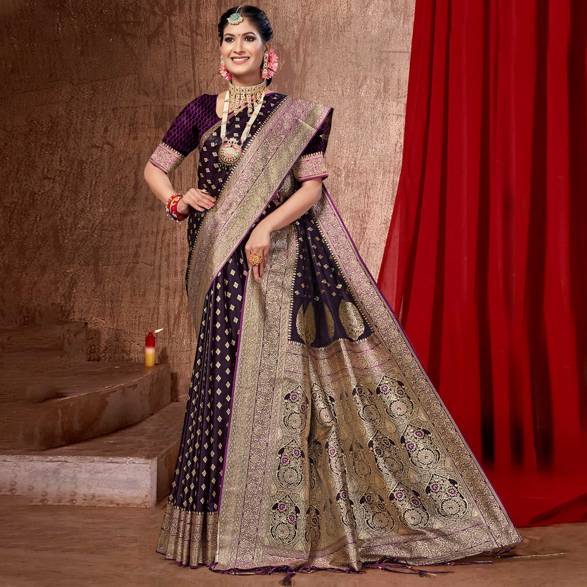 Wine Woven Banarasi Silk Saree With Tassels