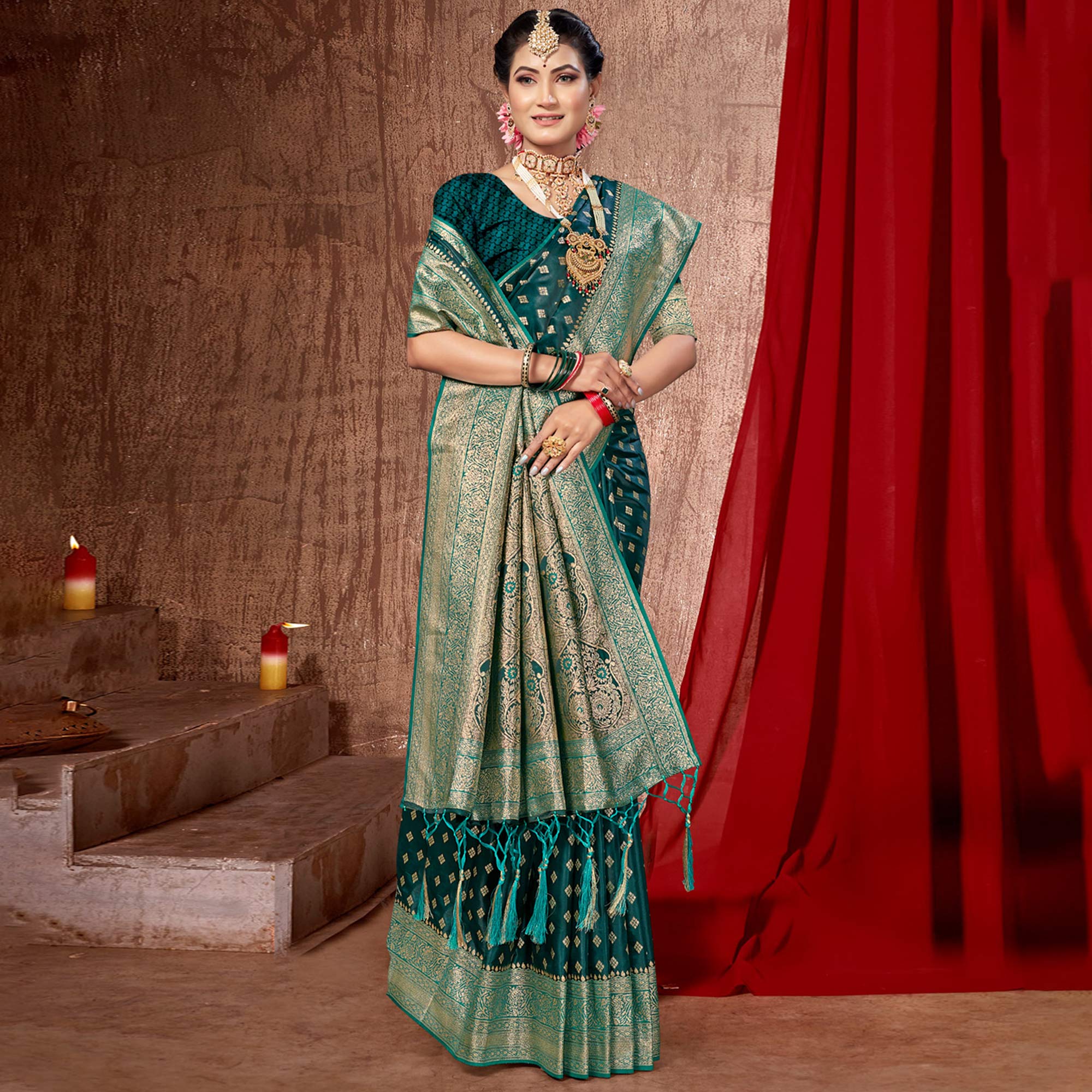 Teal Woven Banarasi Silk Saree With Tassels