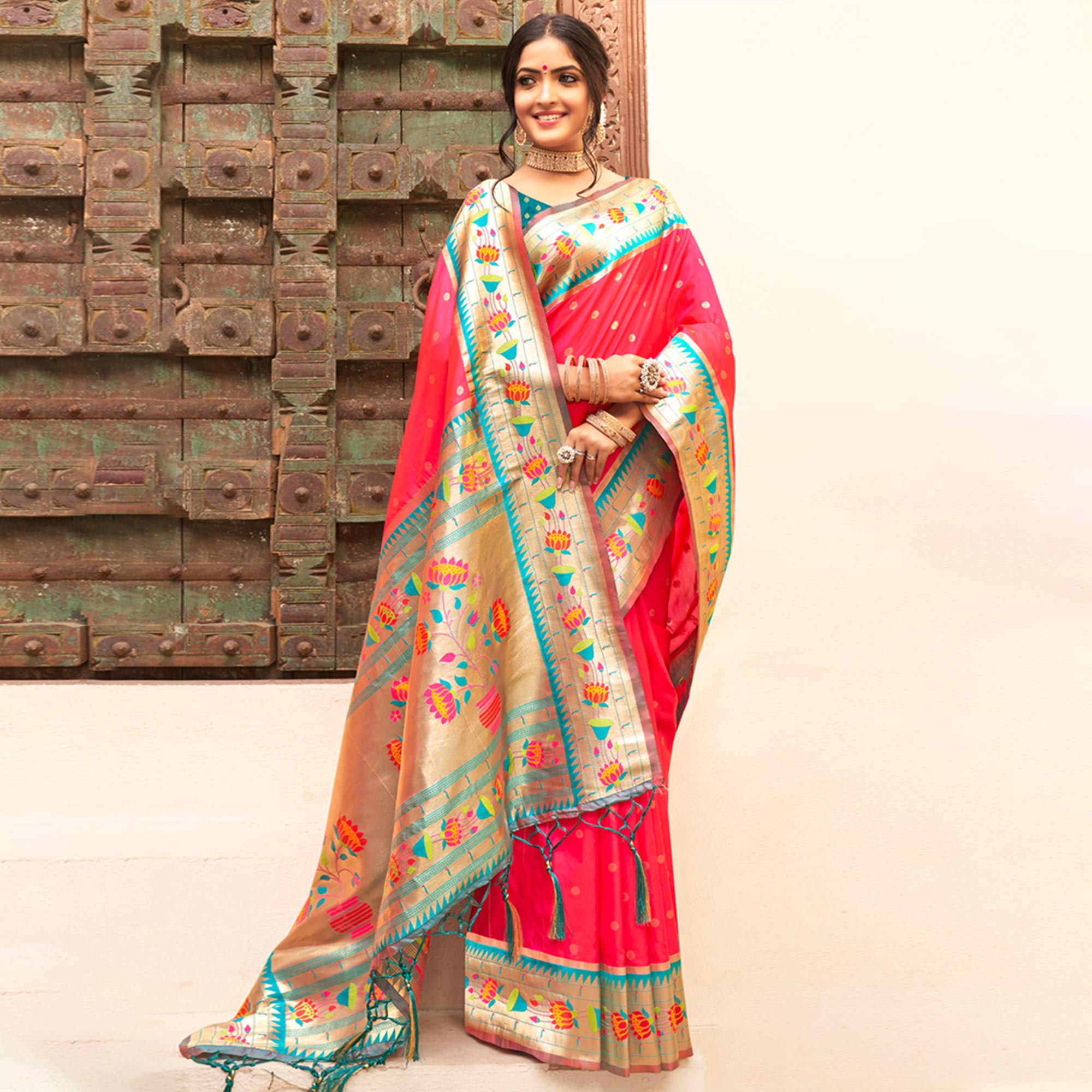 Pink Floral Woven Banarasi Silk Saree With Tassels