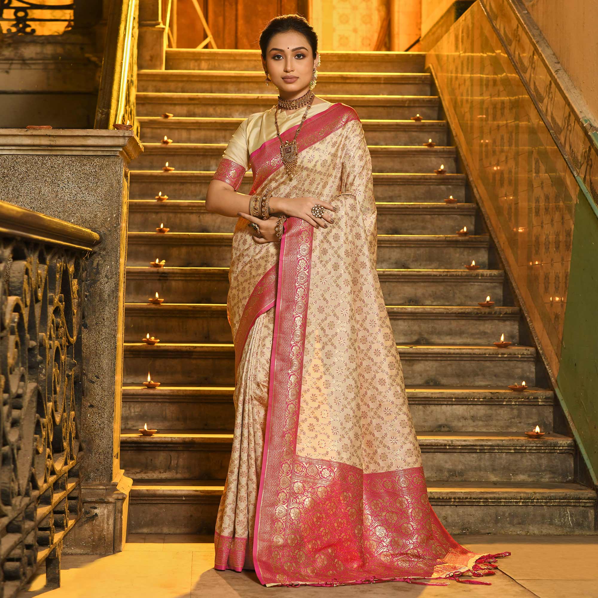 Cream & Pink Floral Woven Banarasi Silk Saree With Tassels