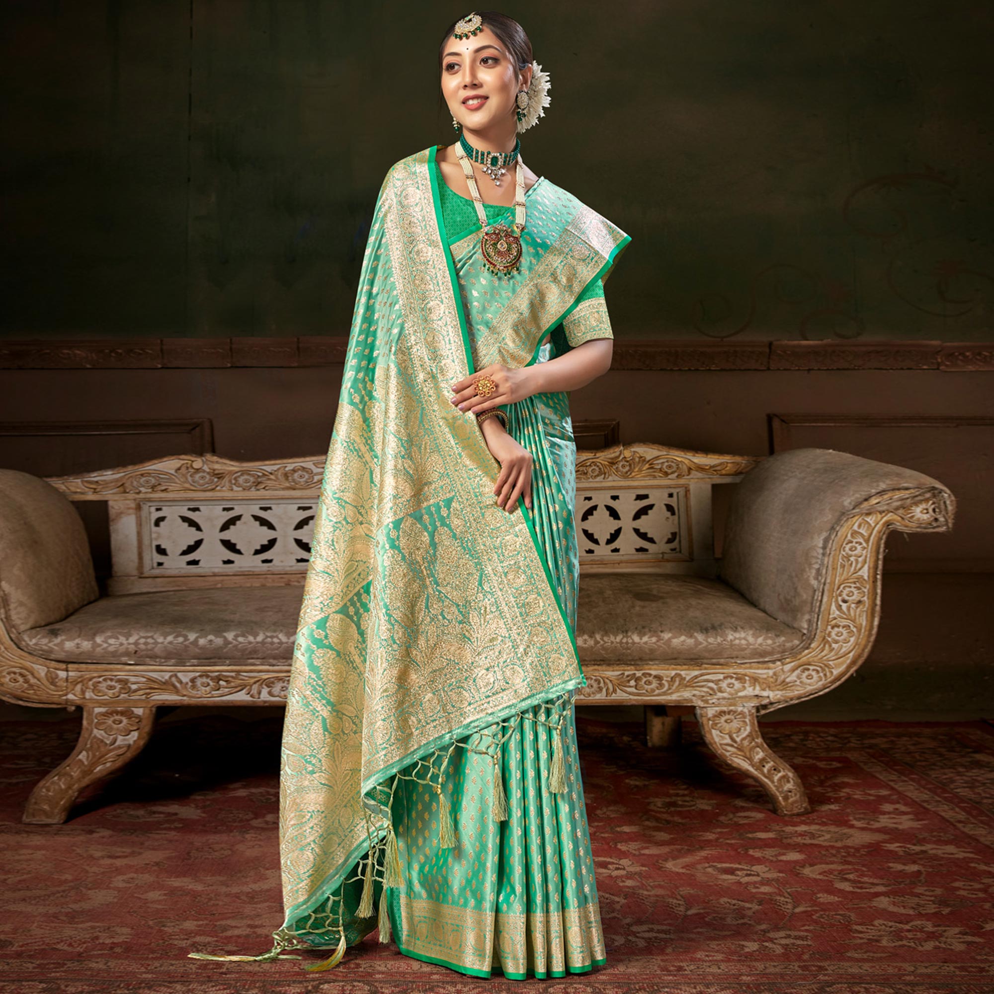 Rama Green Woven Banarasi Silk Saree With Tassels