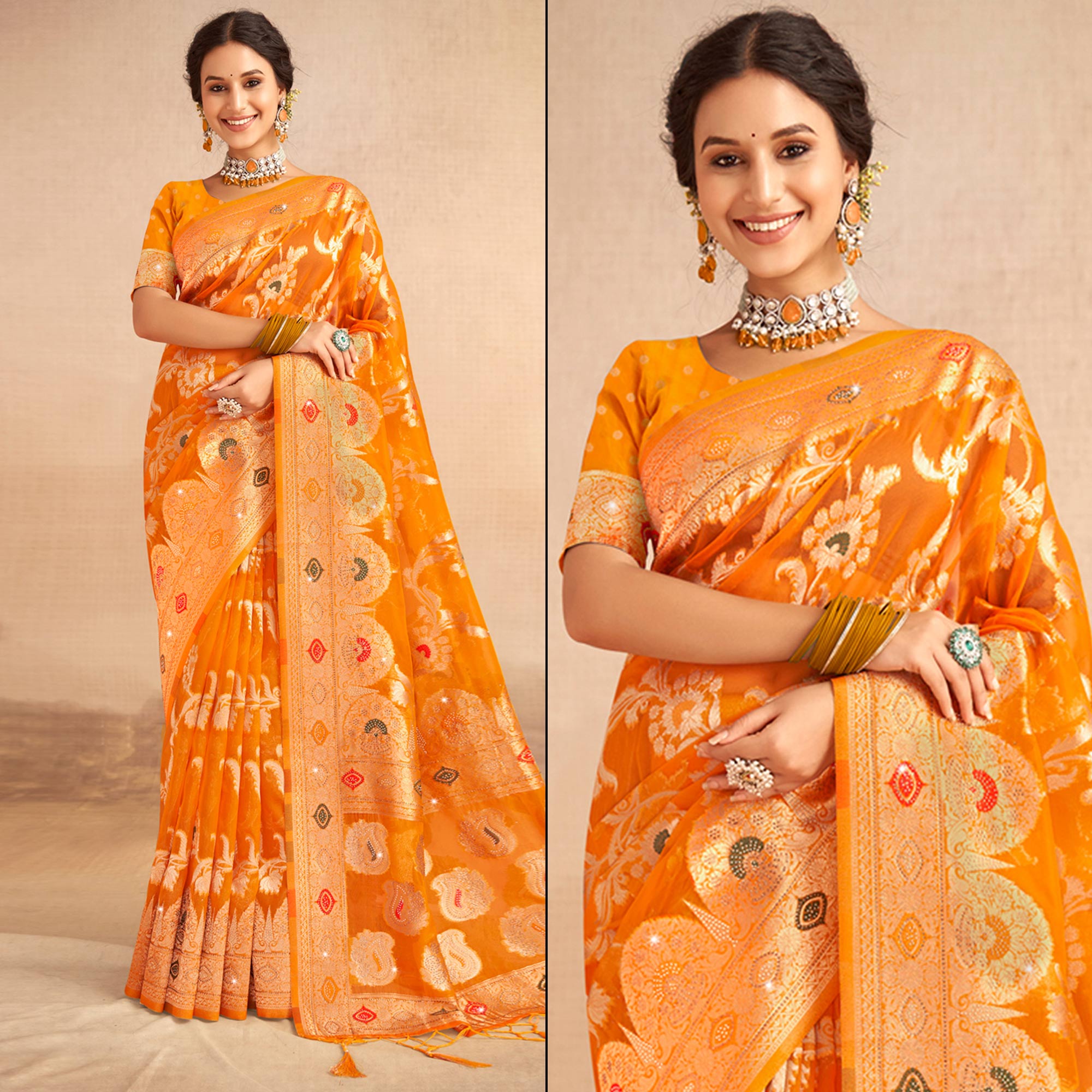 Mustard Woven Organza Saree With Tassels