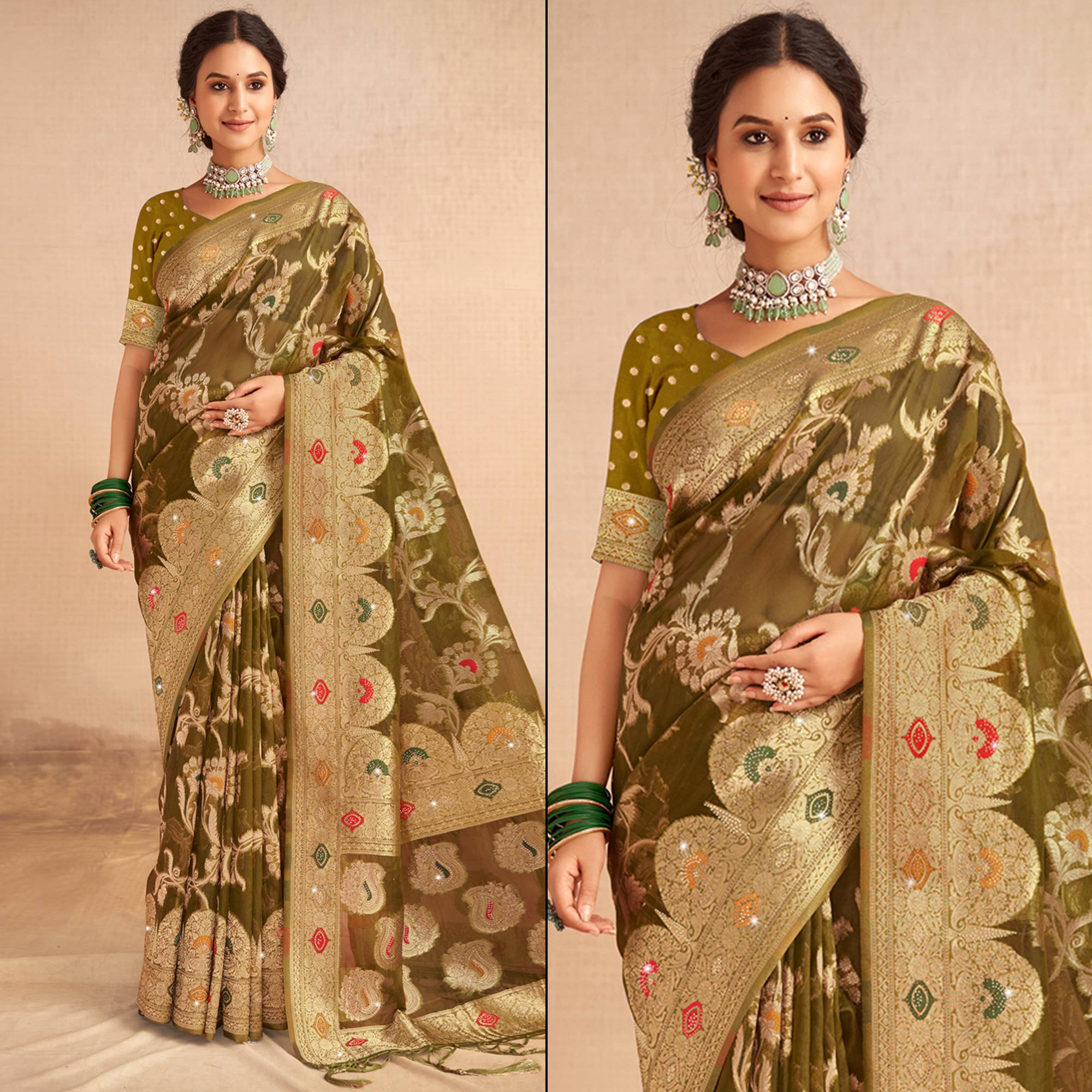 Olive Green Woven Organza Saree With Tassels