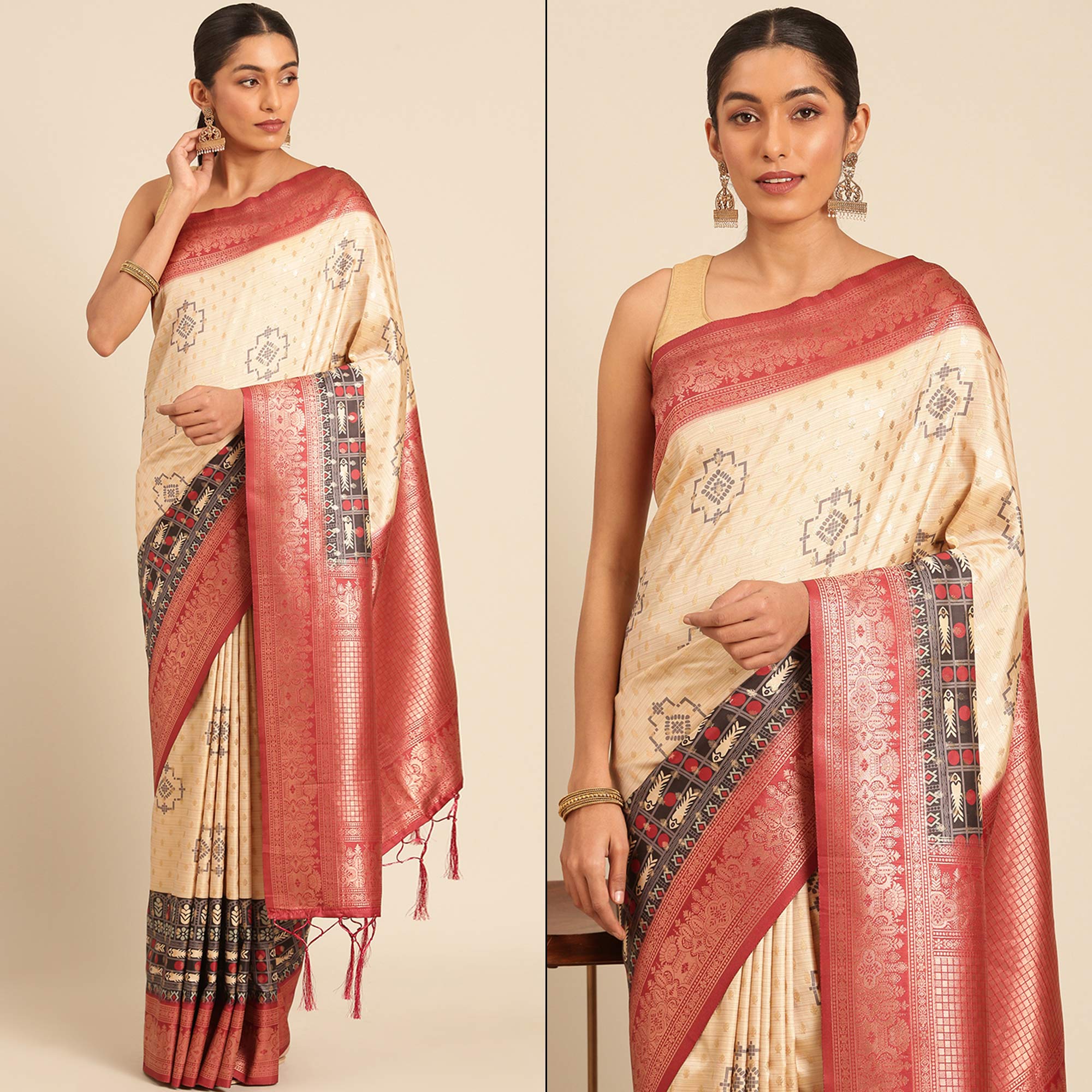 Cream Woven Banarasi Silk Saree With Tassels